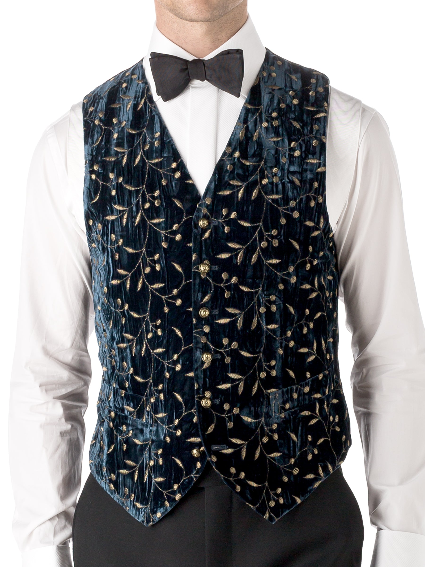 Navy Lurex Berries Velvet Single Breasted 6 Button Waistcoat