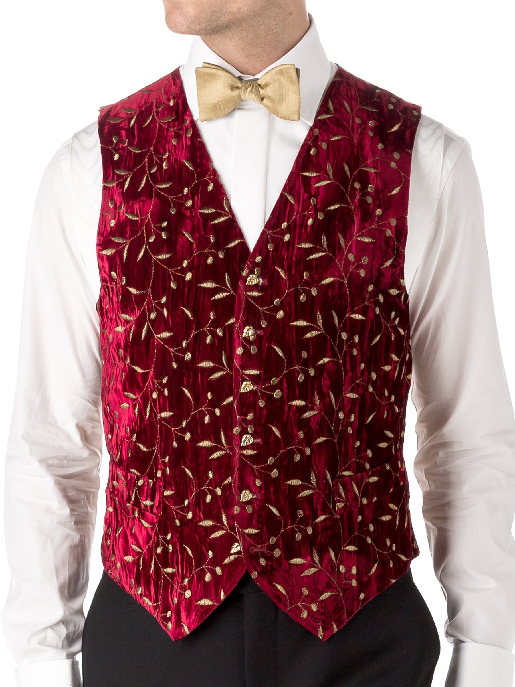 Red Lurex Berries Velvet Single Breasted 6 Button Waistcoat