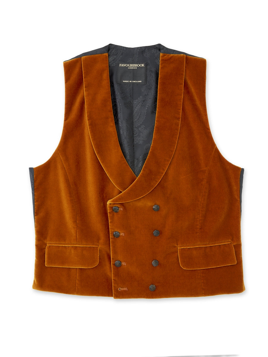 Rust Velvet Cotton Double Breasted 8 Button Shawl Lapel Waistcoat