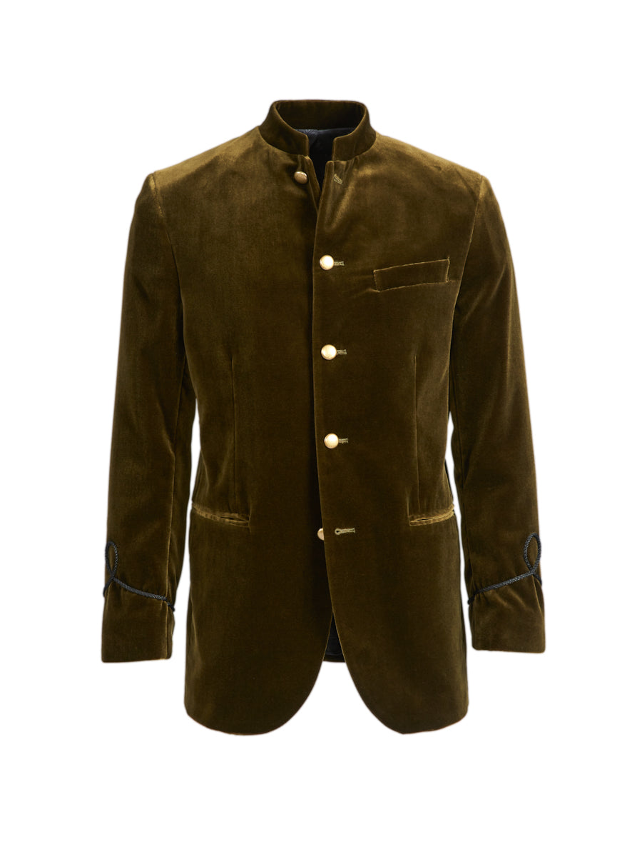 Olive Velvet Nehru Jacket with Frogging on Sleeve