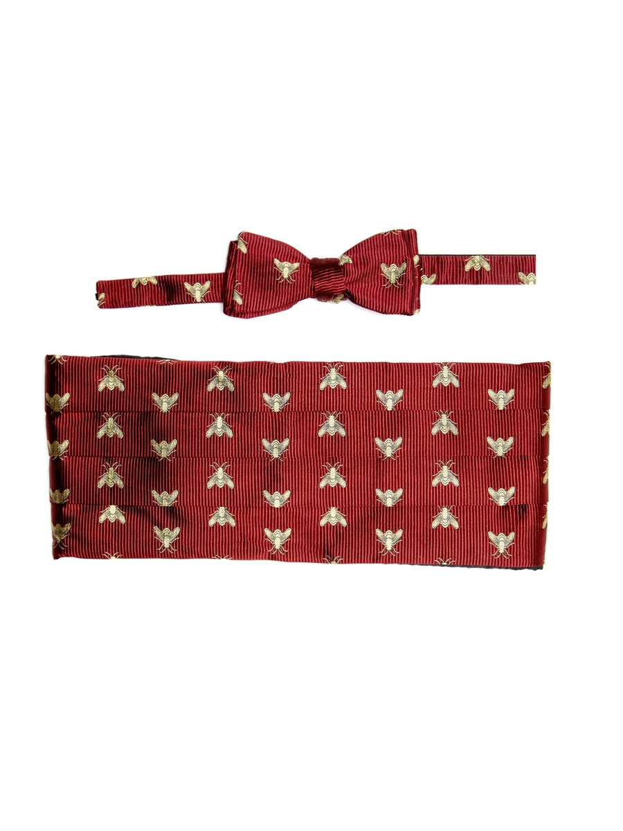 Red Gold Bees Silk Pleated Cummerbund &amp; Bow Tie Set