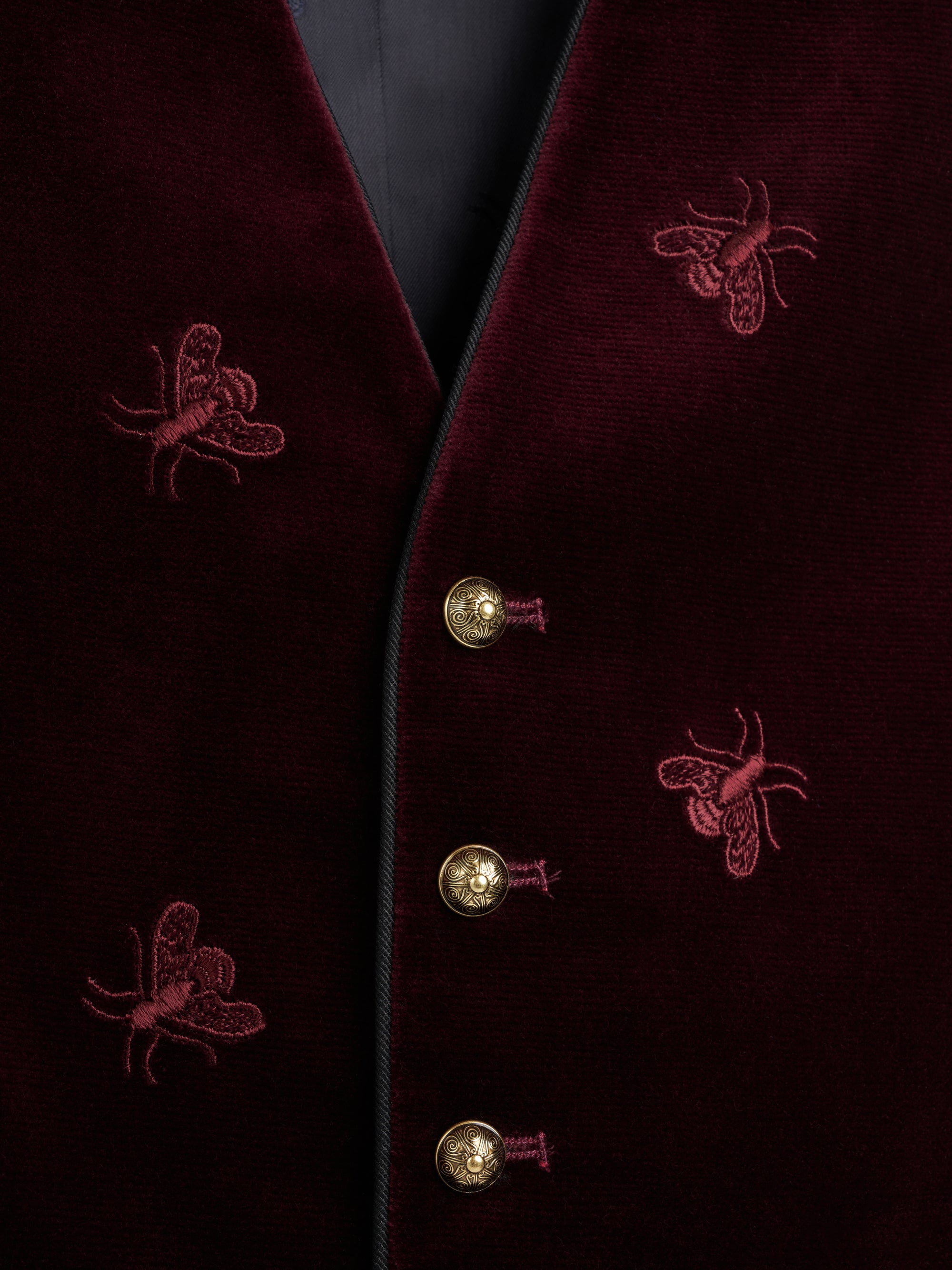 Burgundy Velvet Bees Single Breasted Waistcoat with Piping