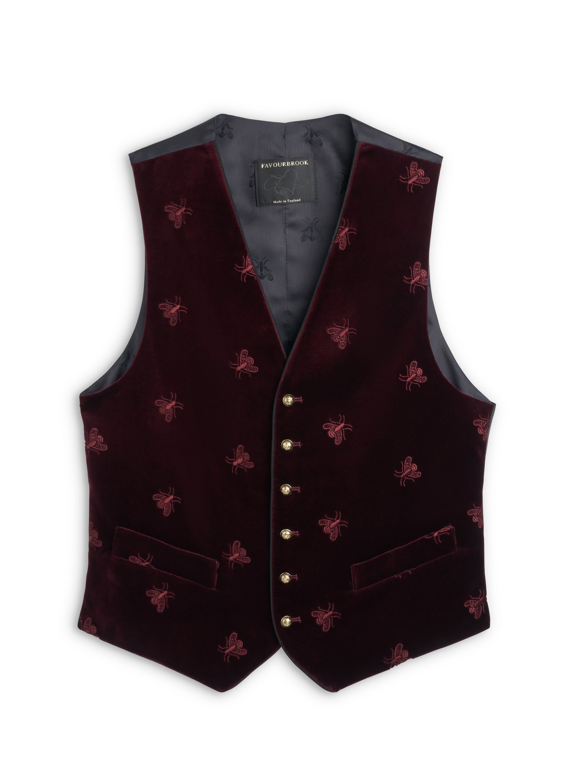 Burgundy Velvet Bees Single Breasted Waistcoat with Piping
