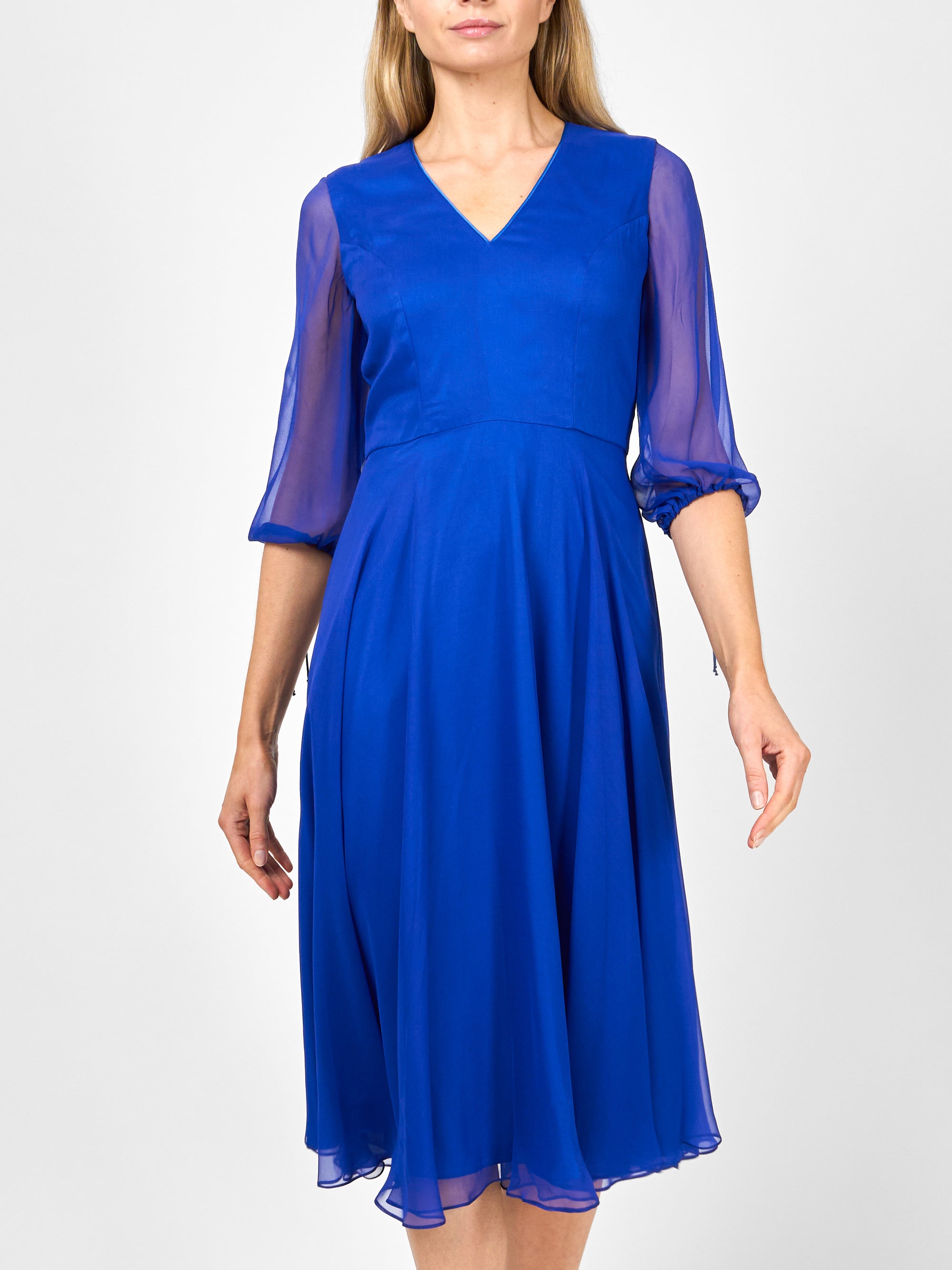 Serena V- Neck Longer Circle Dress French Navy Silk Georgette