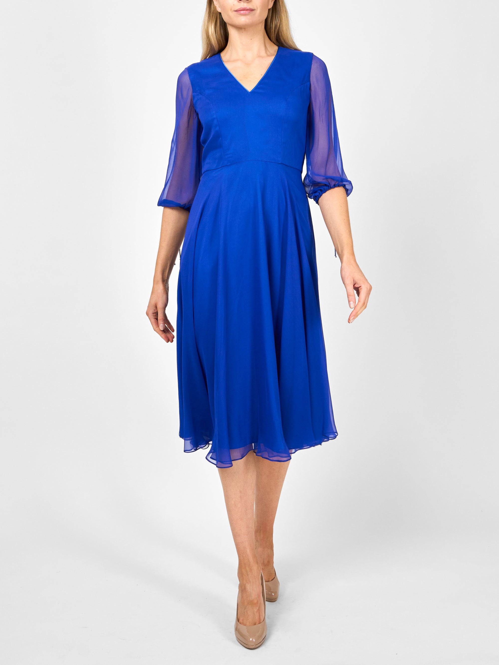 Serena V- Neck Longer Circle Dress French Navy Silk Georgette