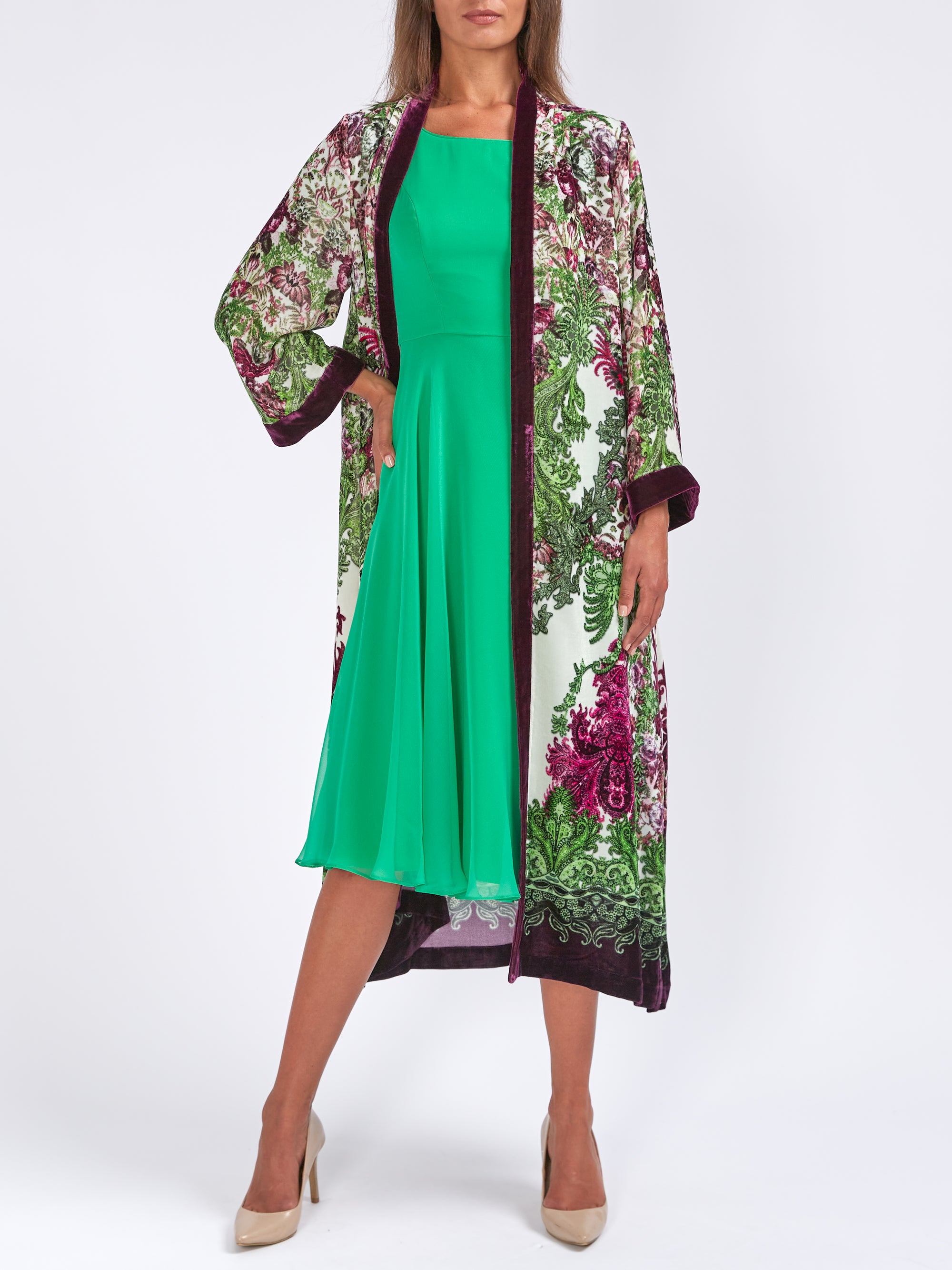 Kimono Coat Lime Aubergine Rhydian Silk Velvet