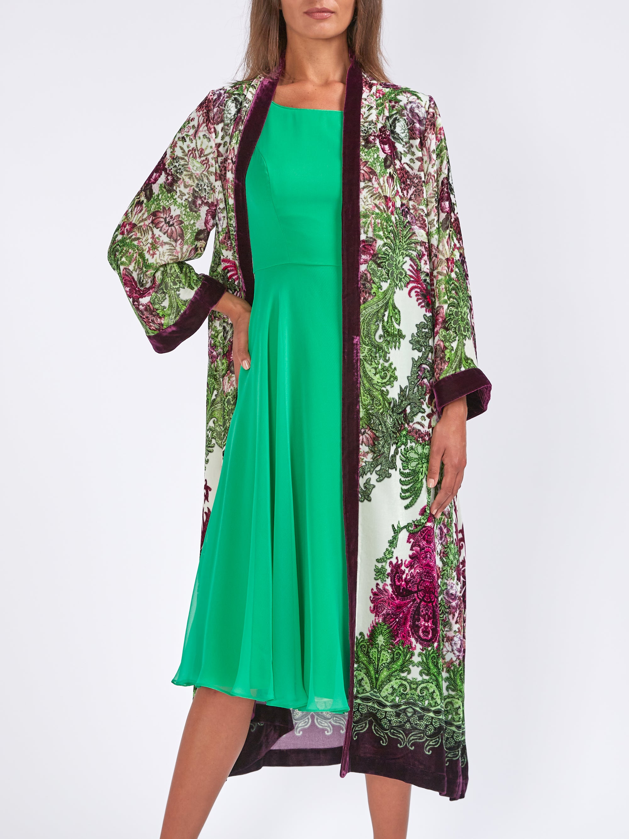 Kimono Coat Lime Aubergine Rhydian Silk Velvet