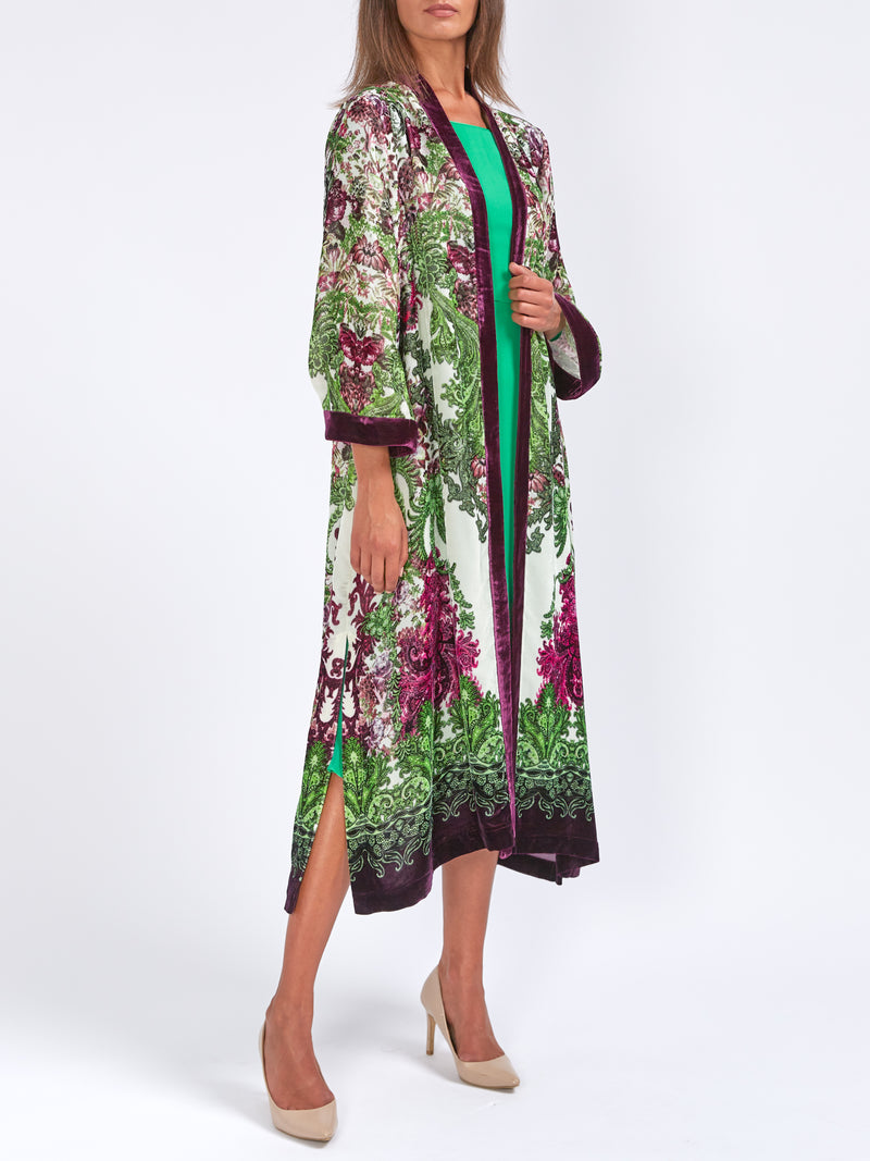 Kimono Coat Lime Aubergine Rhydian Silk Velvet
