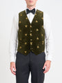 Olive Velvet Gold Bees Single Breasted Waistcoat with Piping