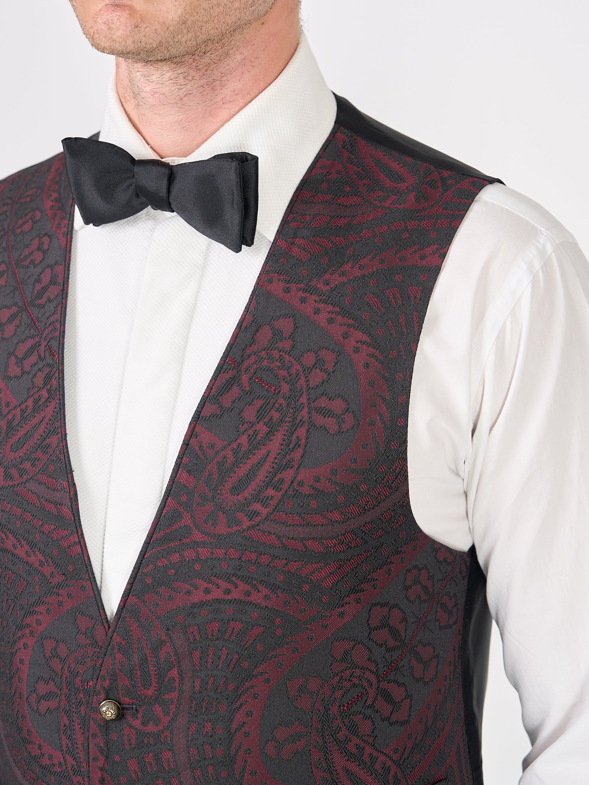 Burgundy Heathcote Paisley Single Breasted 4 Button Piped Waistcoat