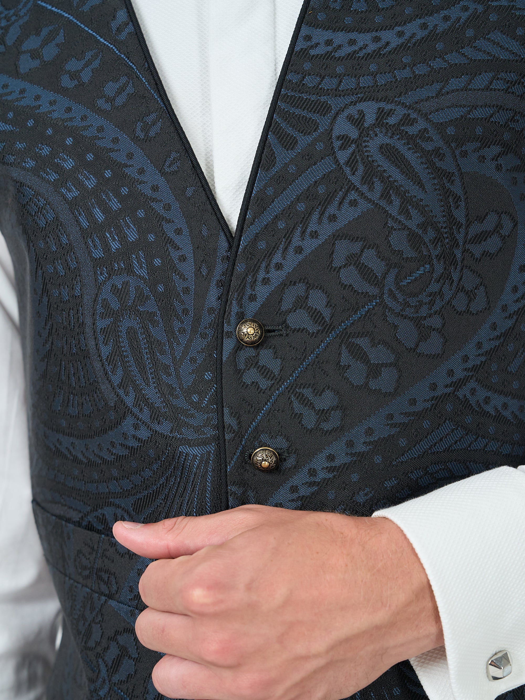 Midnight Heathcote Paisley Single Breasted 4 Button Piped Waistcoat