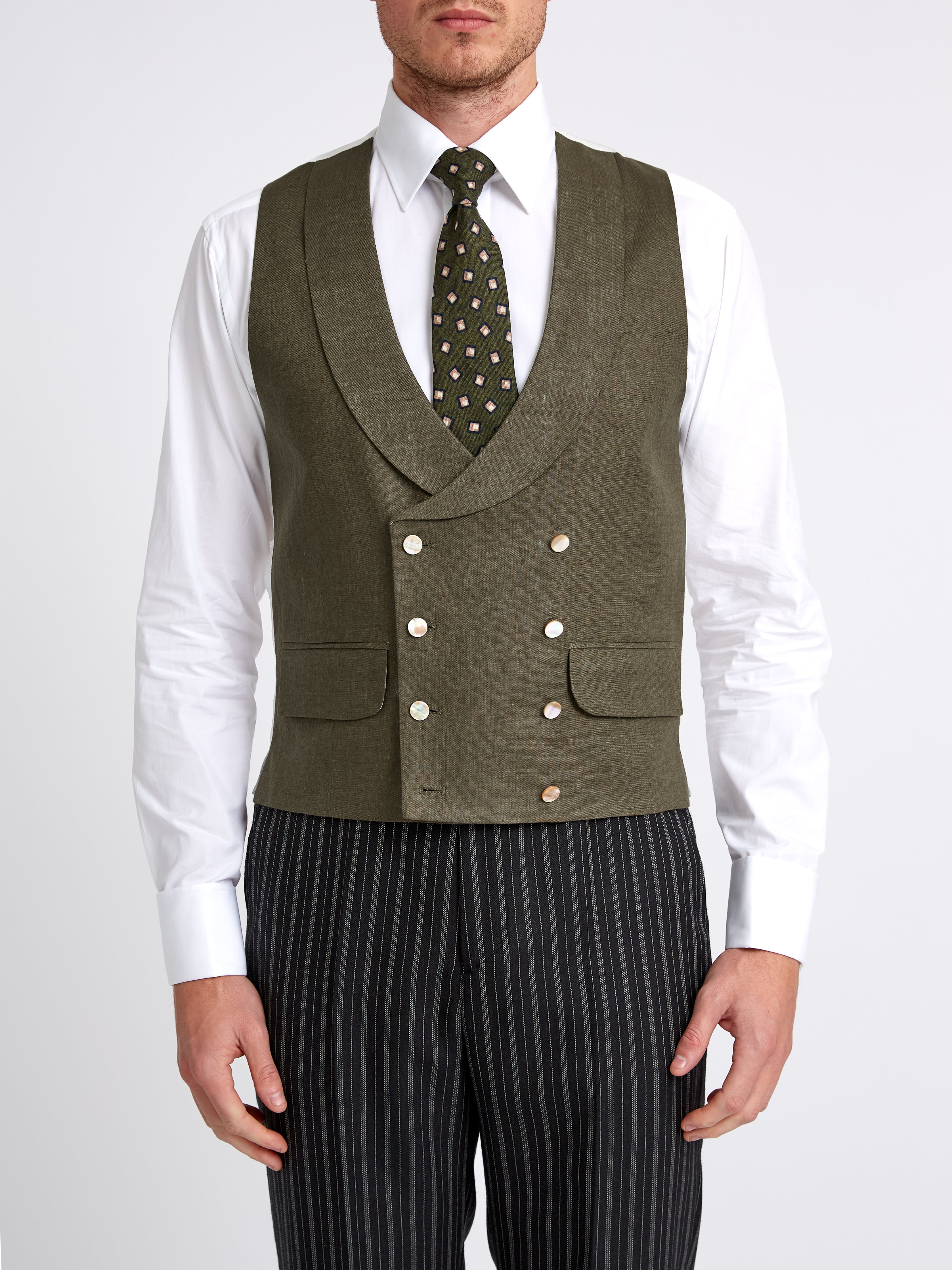 Green Padworth Linen Double Breasted 8 Button Shawl Lapel Waistcoat
