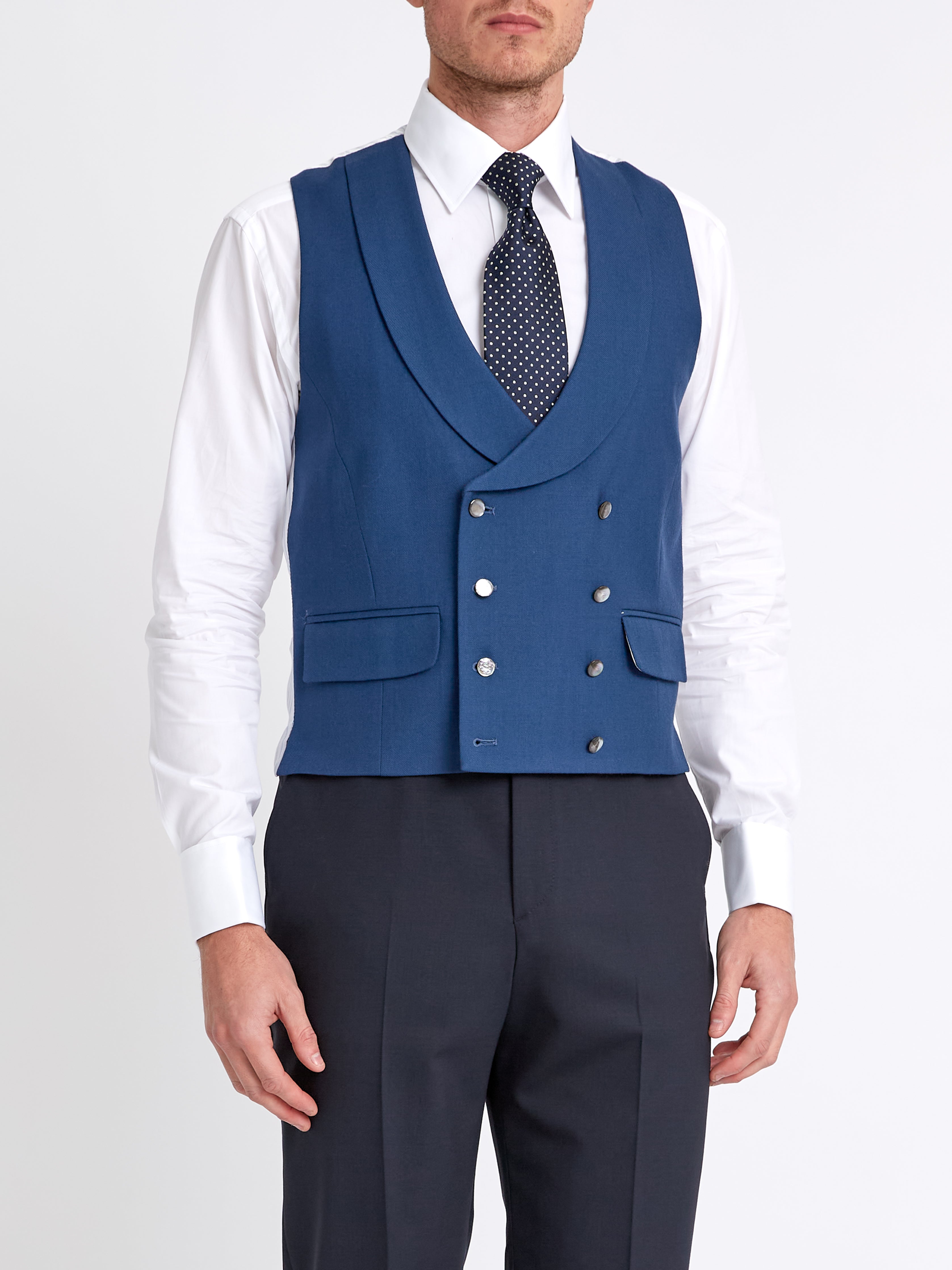 Storm Blue Wool Double-Breasted 8-Button Shawl Lapel Waistcoat