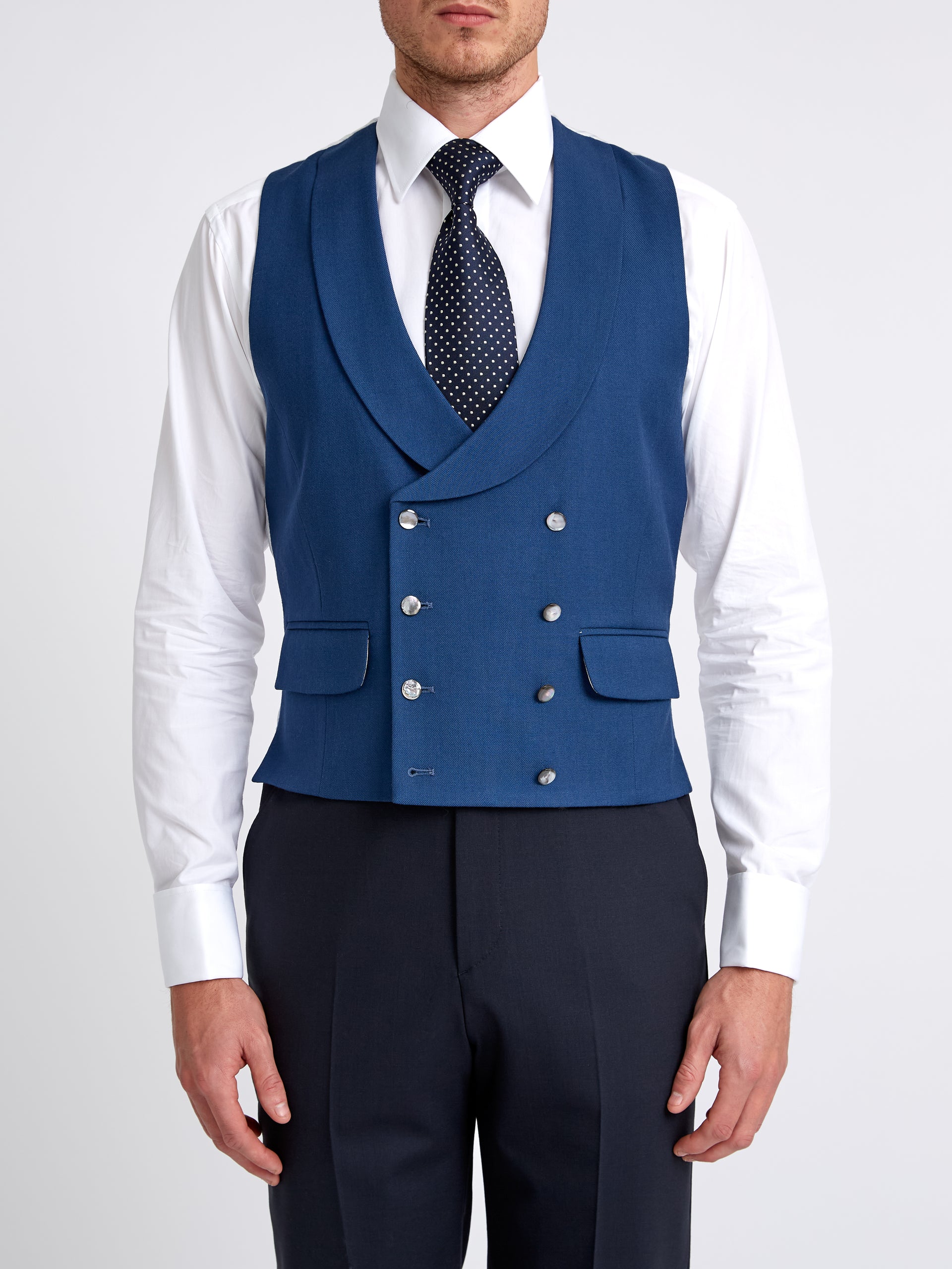 Storm Blue Wool Double Breasted Button Shawl Lapel Waistcoat