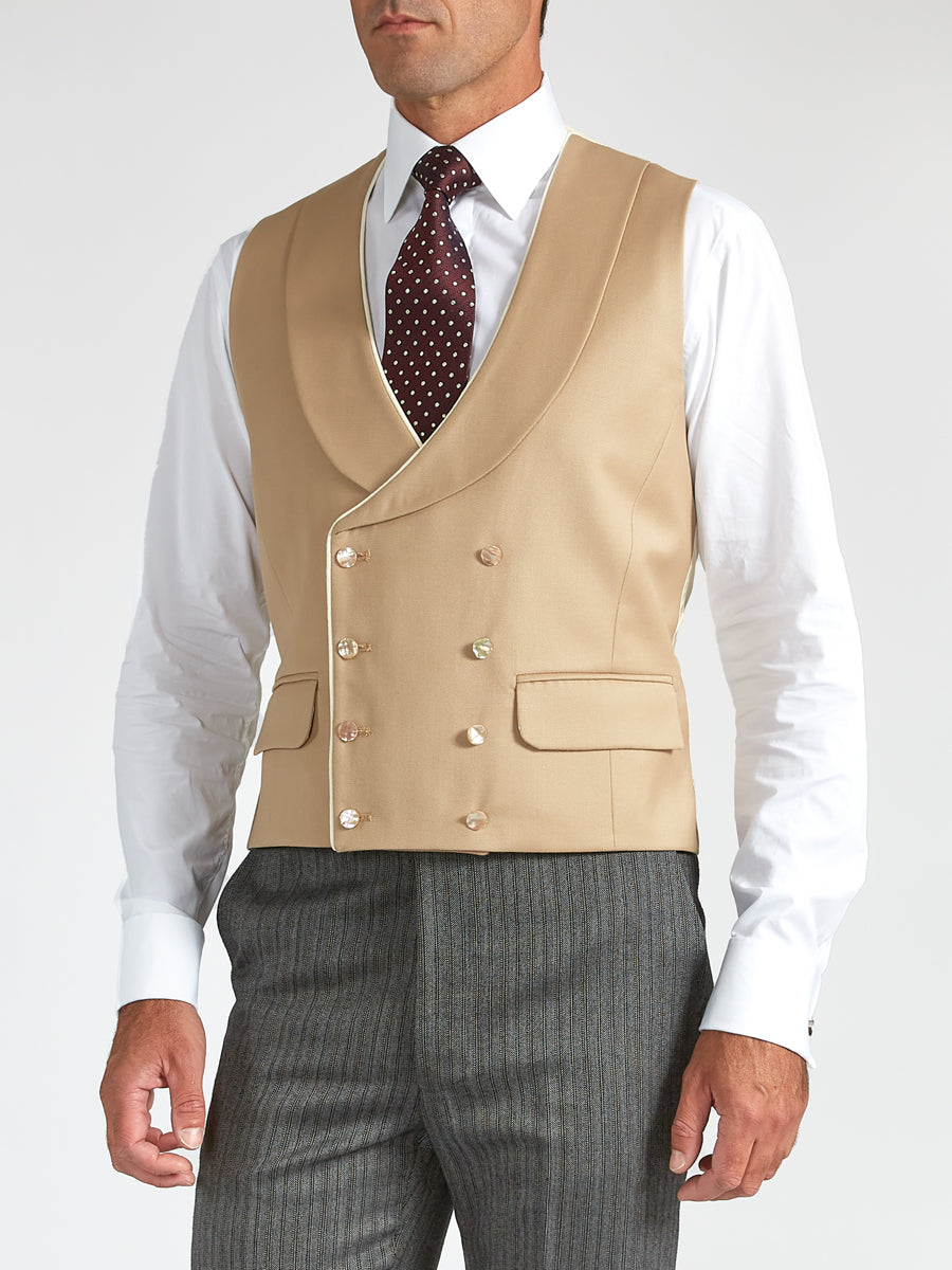 Beige Gabardine Wool Double Breasted 8 Button<br>Shawl Lapel Piped Waistcoat