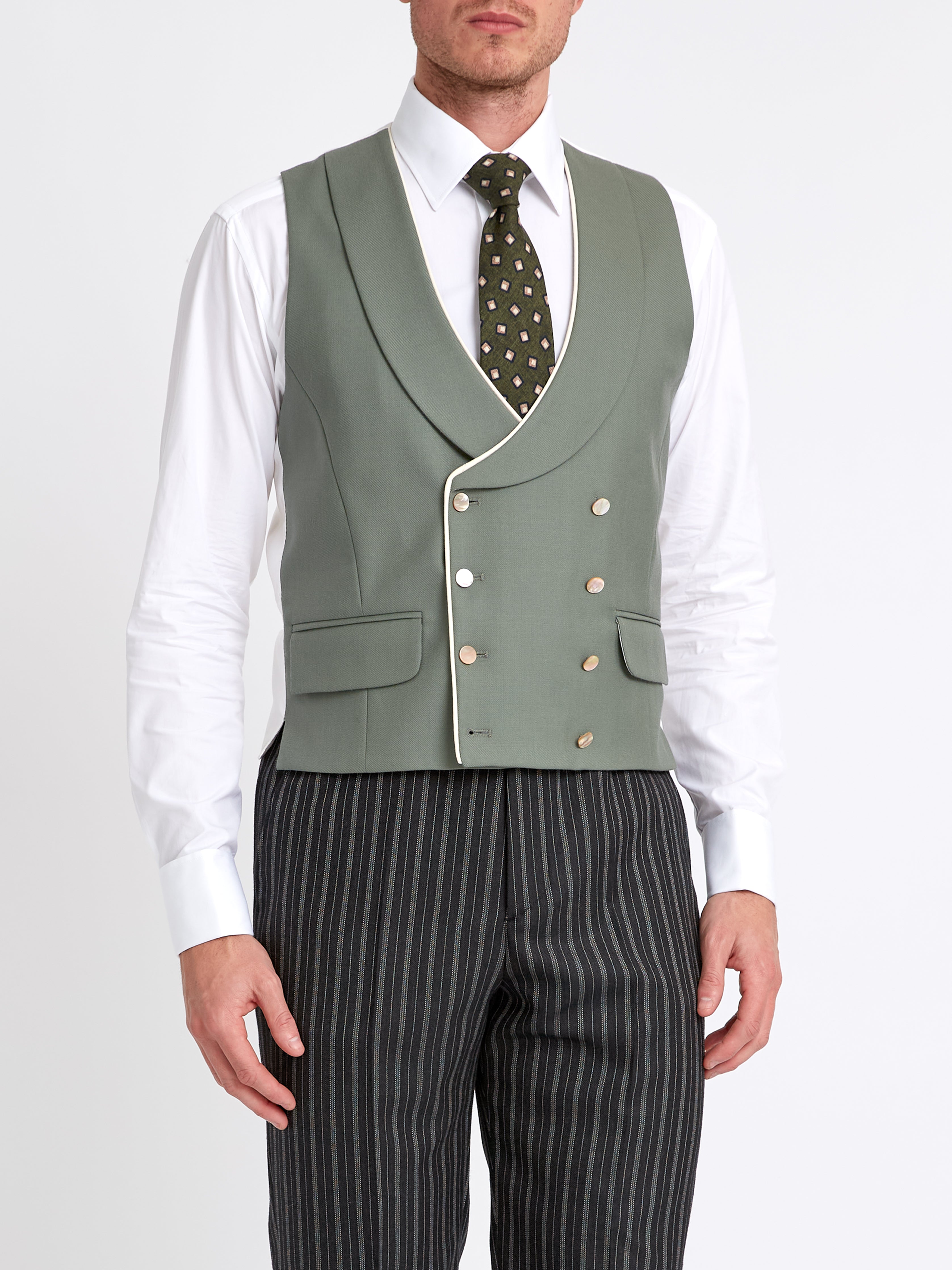 Olive Gabardine Wool Double Breasted 8 Button Shawl Lapel Piped Waistcoat