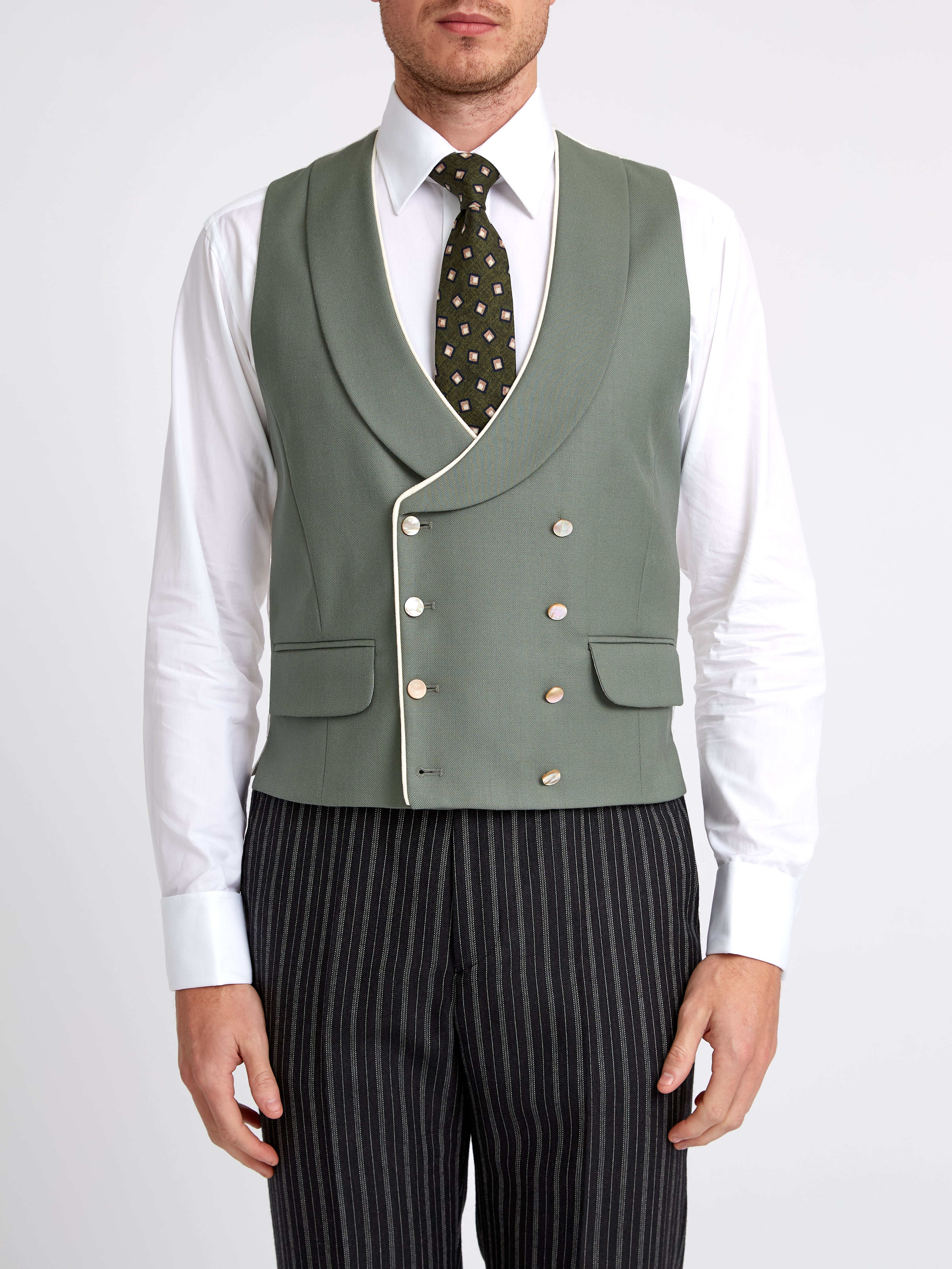Olive Gabardine Wool Double Breasted 8 Button Shawl Lapel Piped Waistcoat