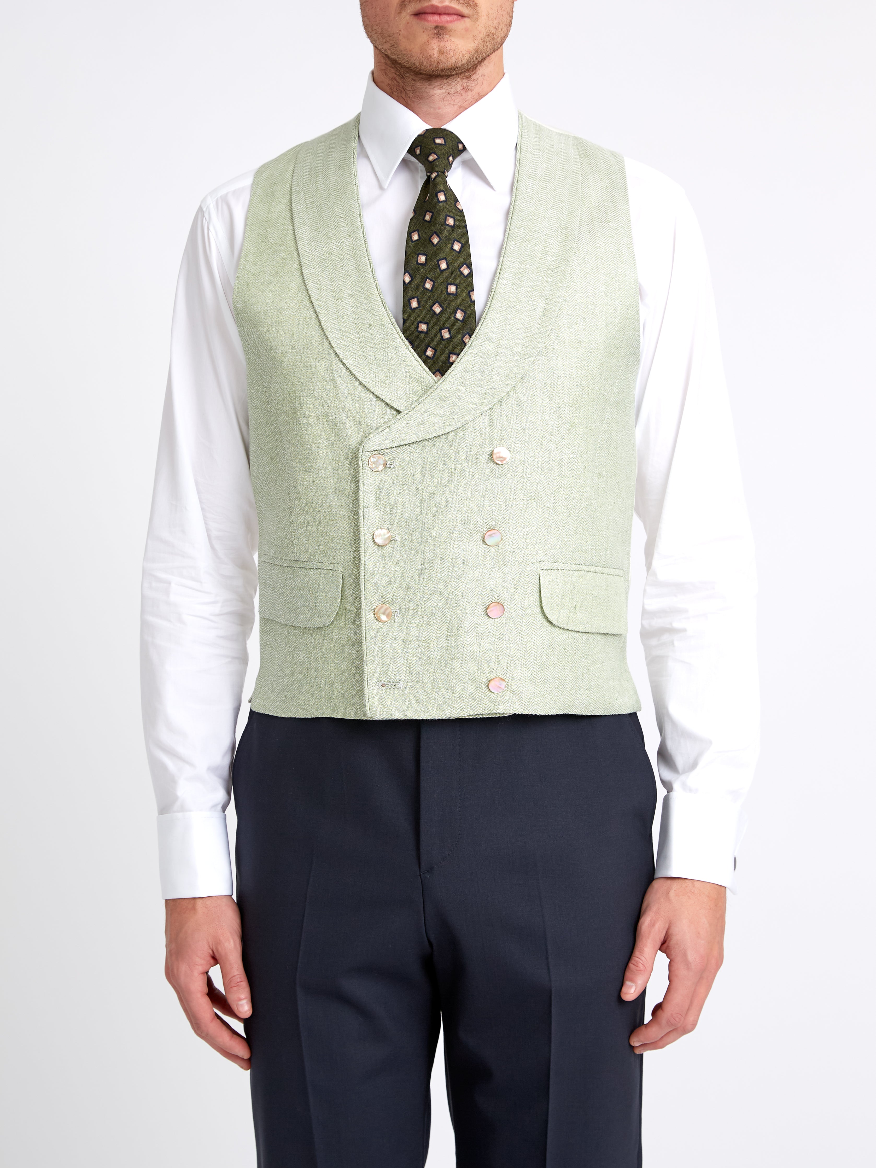 Sage Green Randwick Double Breasted 8 Button Shawl Lapel Piped Waistcoat