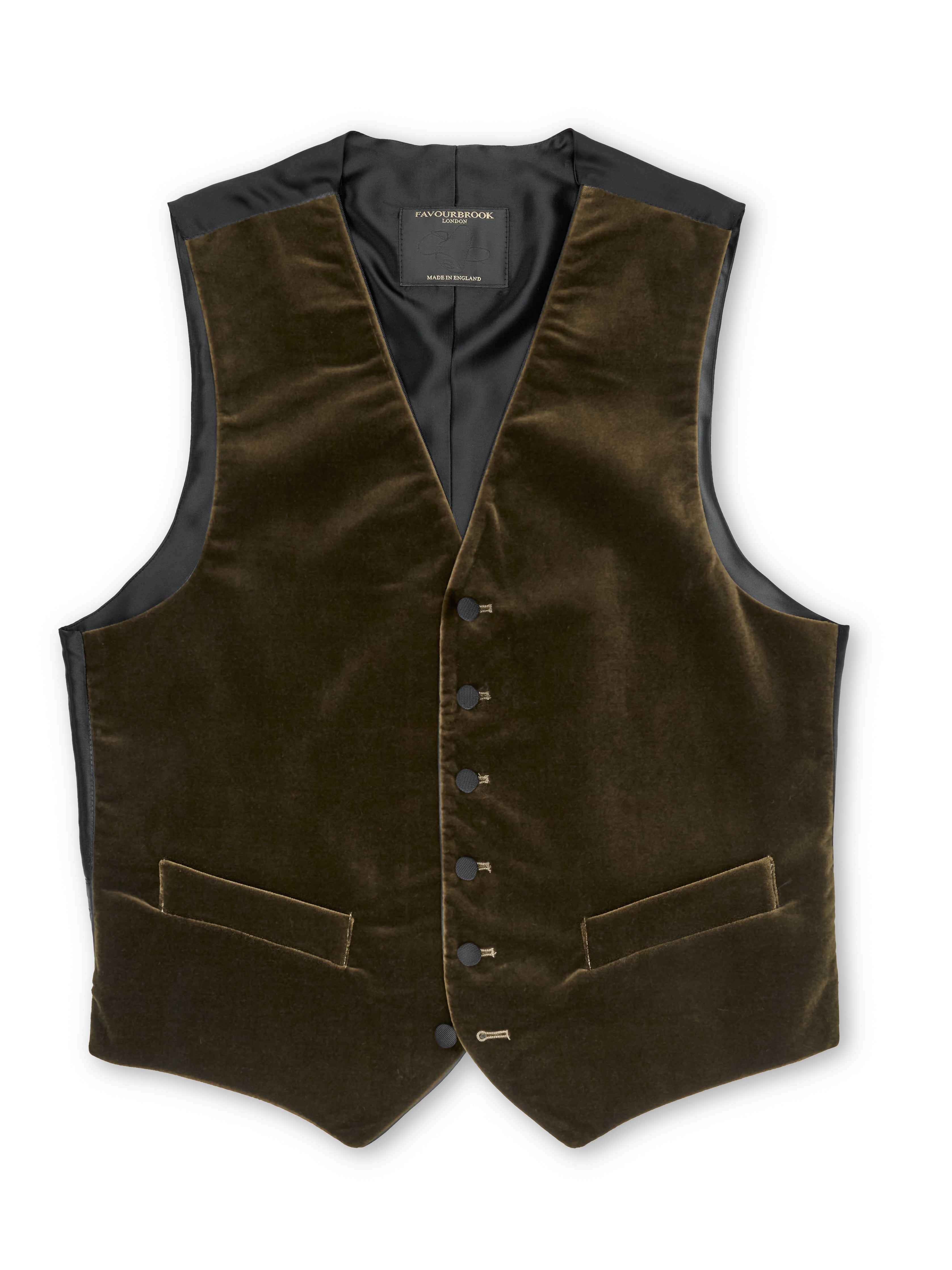 Olive Velvet Cotton Single Breasted 6 Button Piped Waistcoat