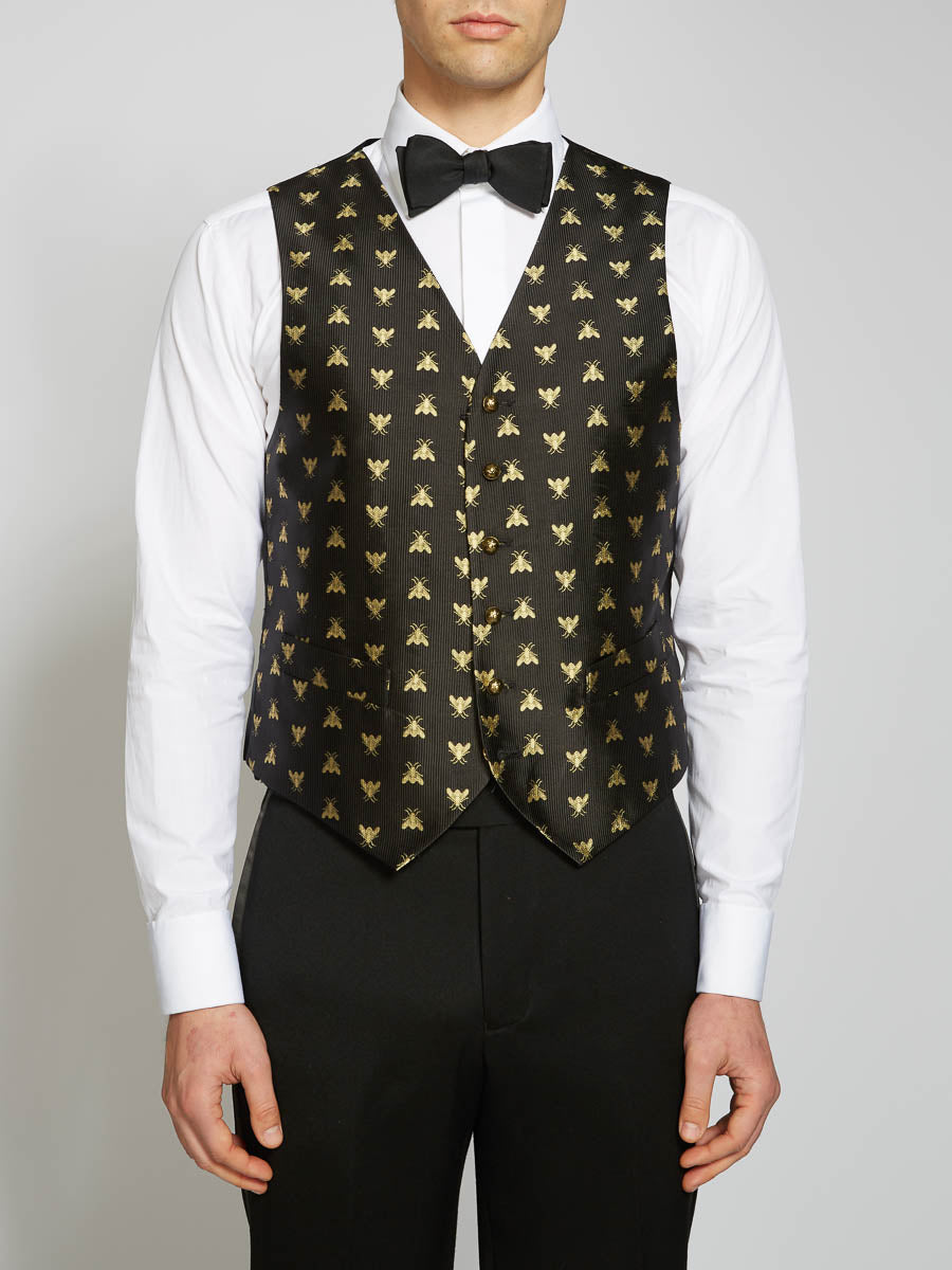 Black Gold Bees Silk Single Breasted<br>6 Button Waistcoat