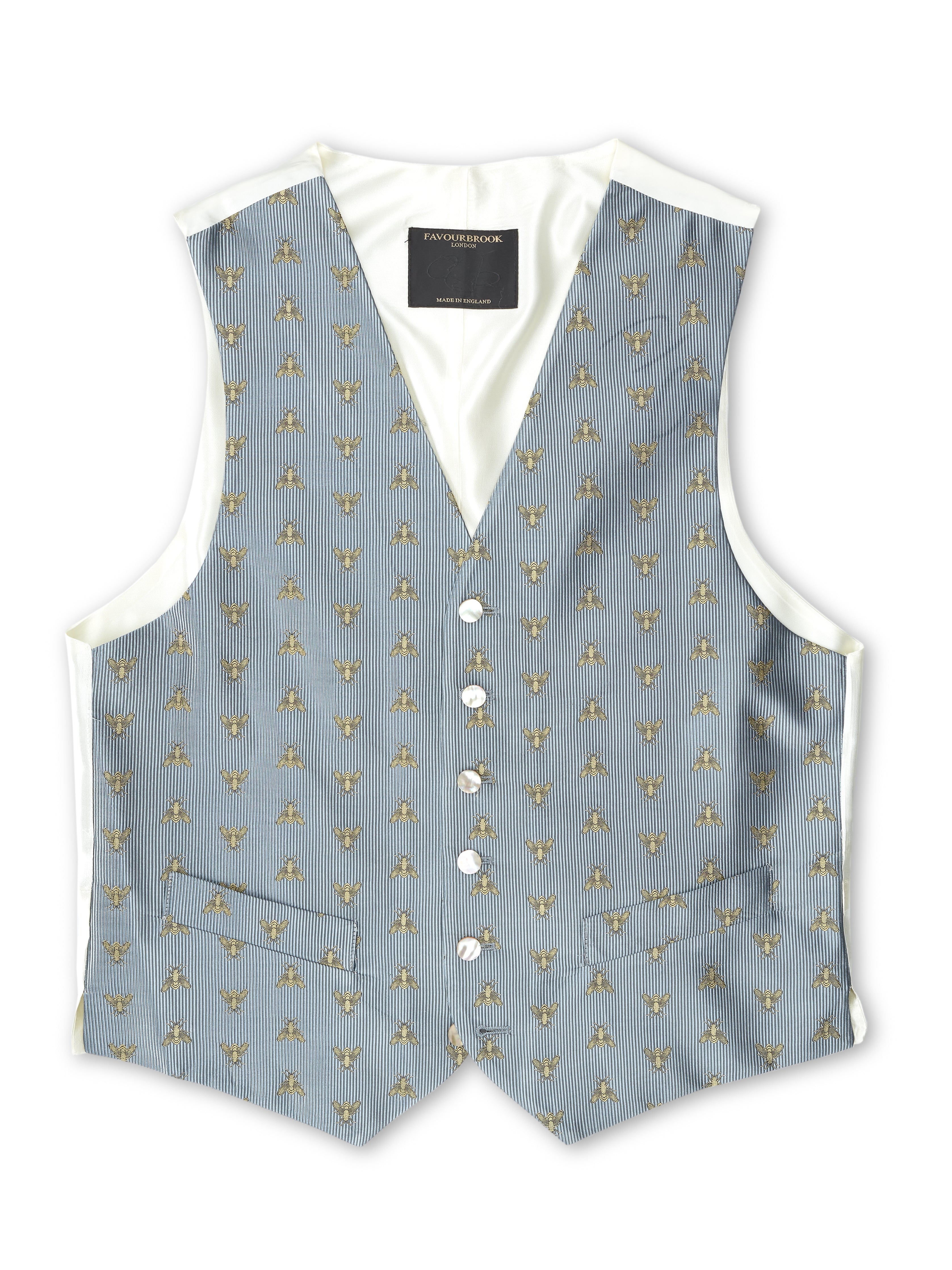 Powder Blue Bees Silk Single Breasted 6 Button Waistcoat
