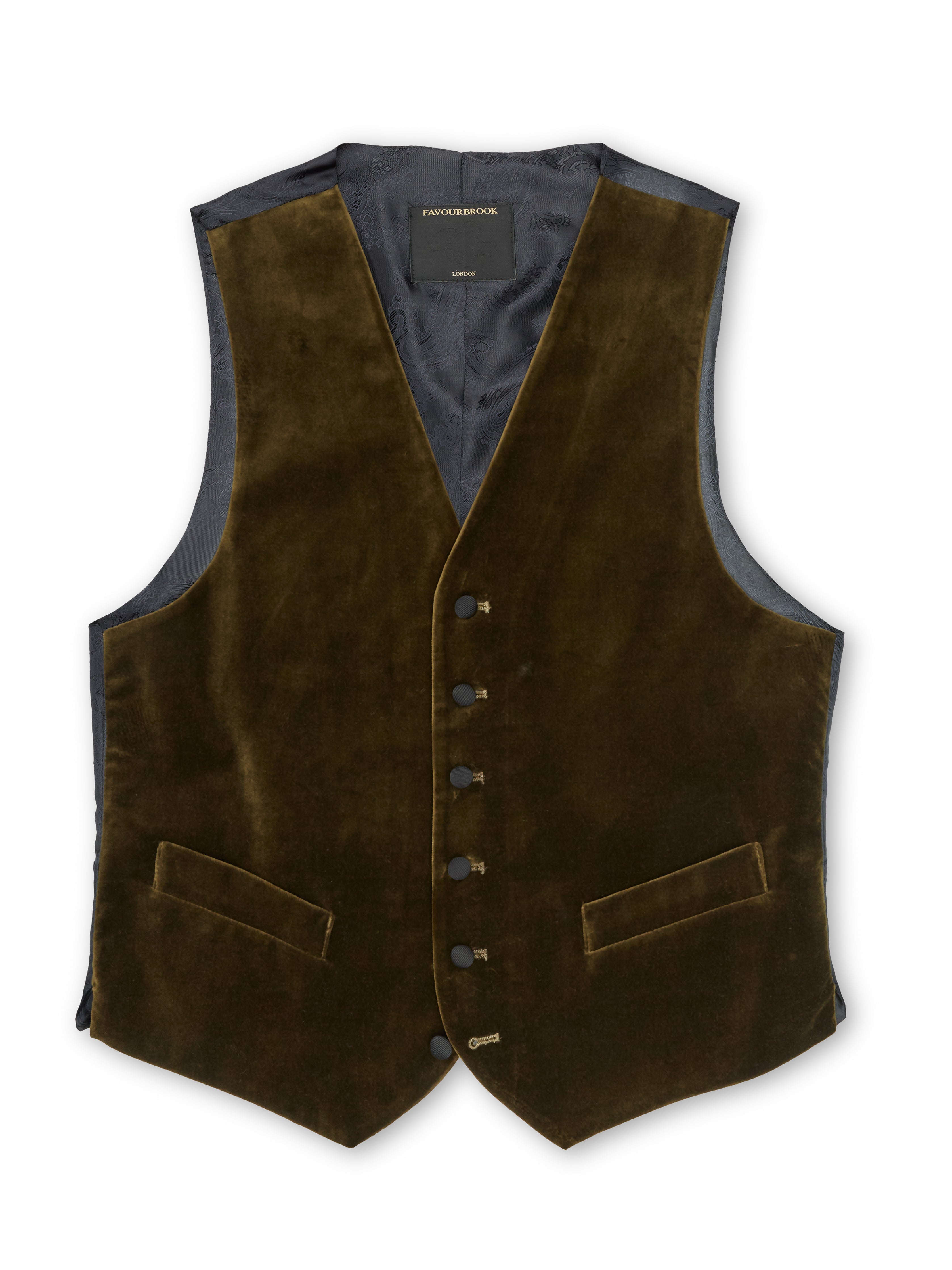 Olive Velvet Cotton Single Breasted 6 Button Waistcoat