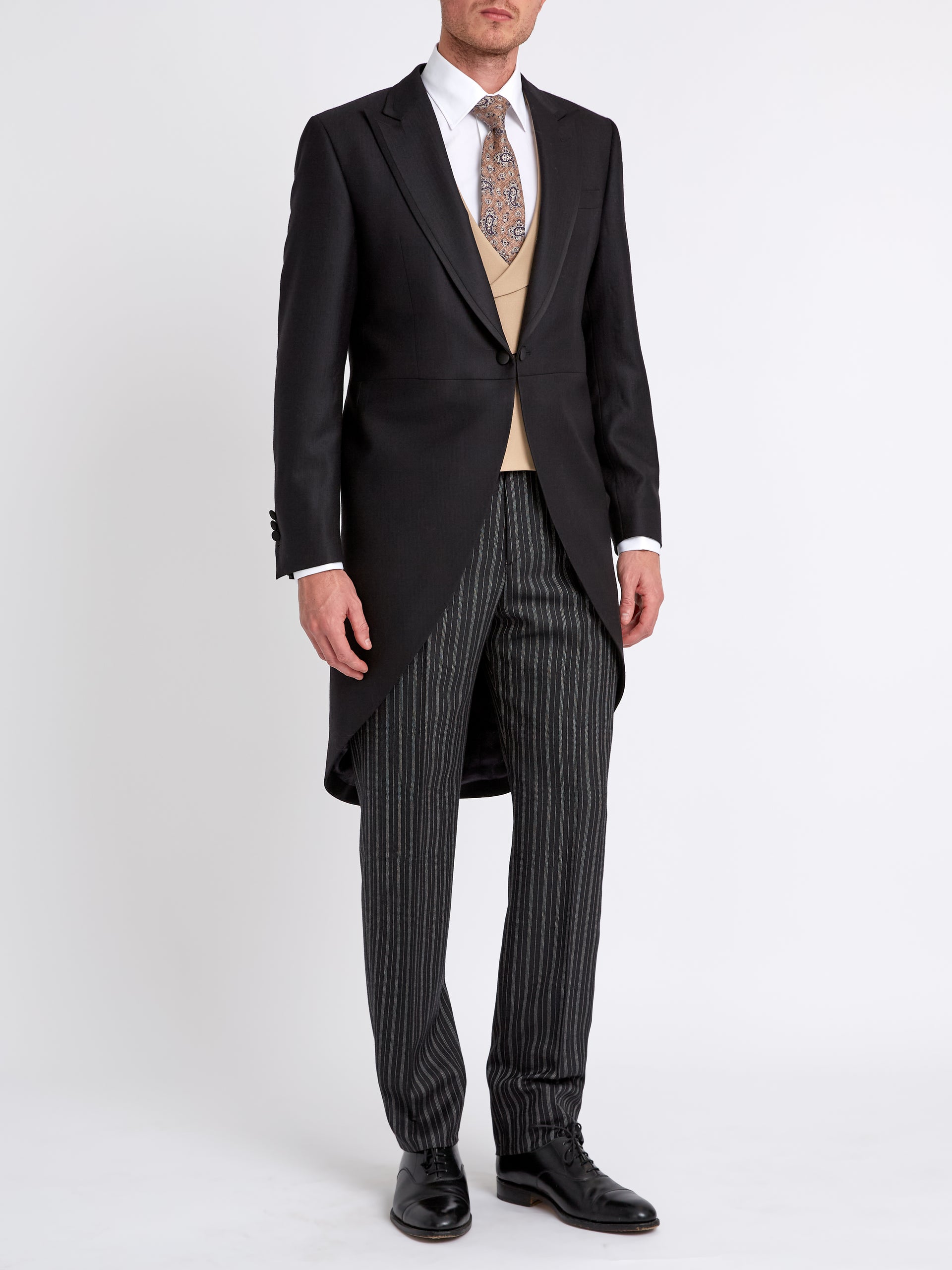 black morning dress Windsor Herringbone Wool Coat with trim – Favourbrook asymmetrical satin wedding dresses ✨ Sunshine wrapped in This herringbone morning suit Width:Wide - W