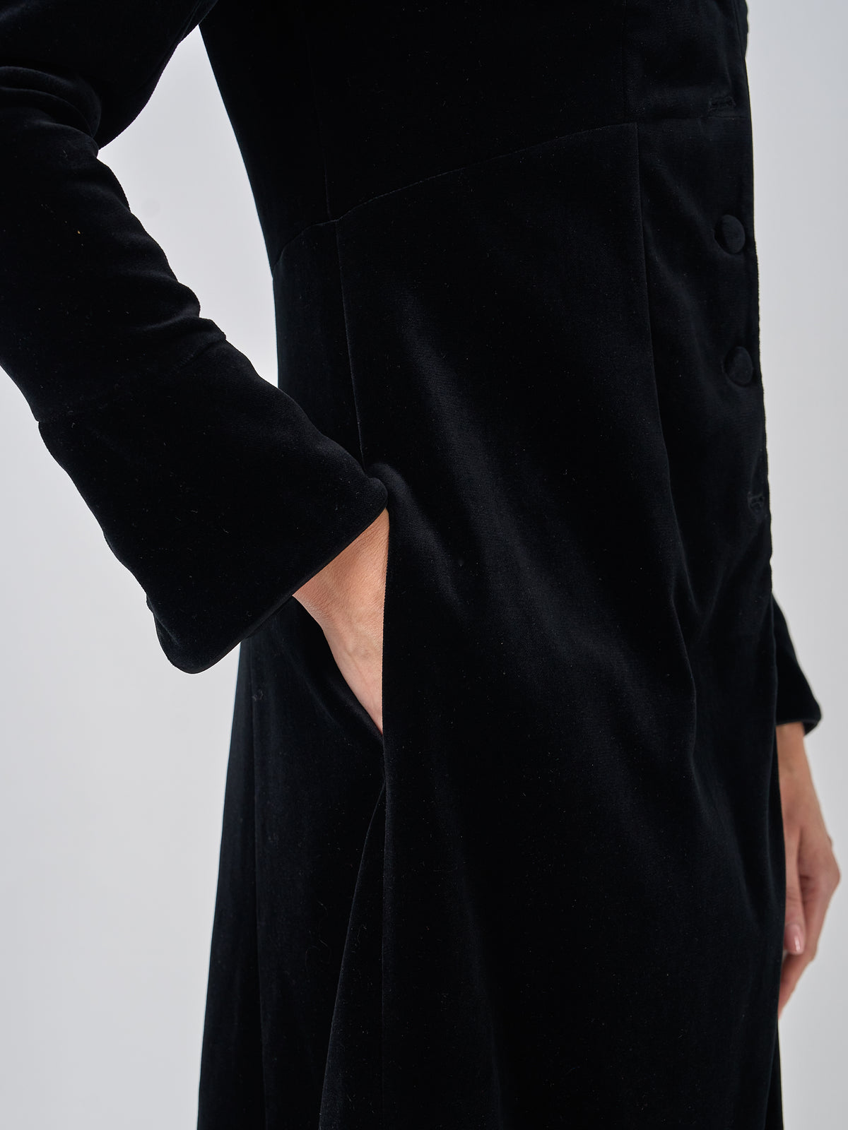 Long Swing Coat Black Plain Cotton Velvet