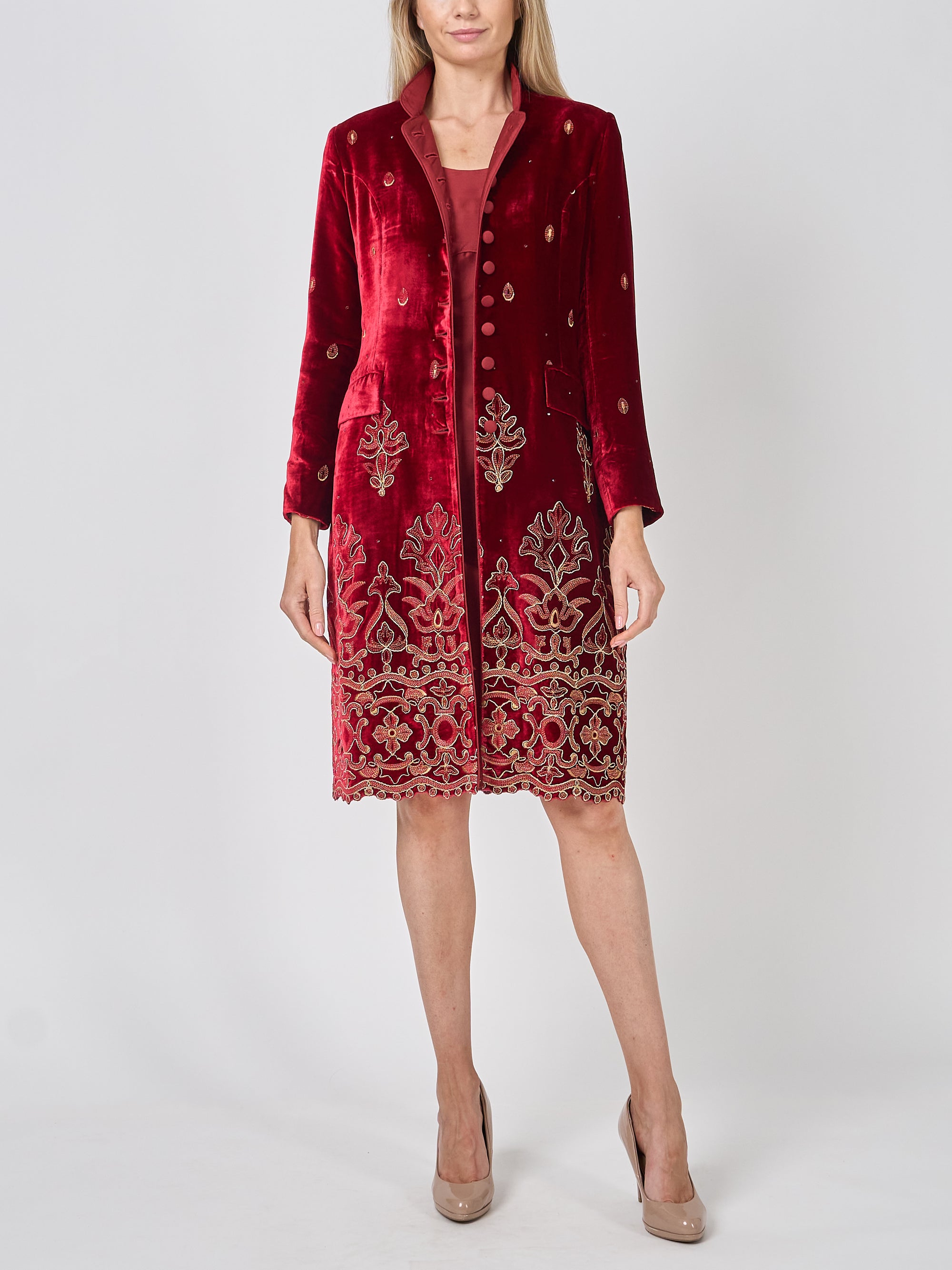 Soho Coat Red Green Ribble Silk Velvet