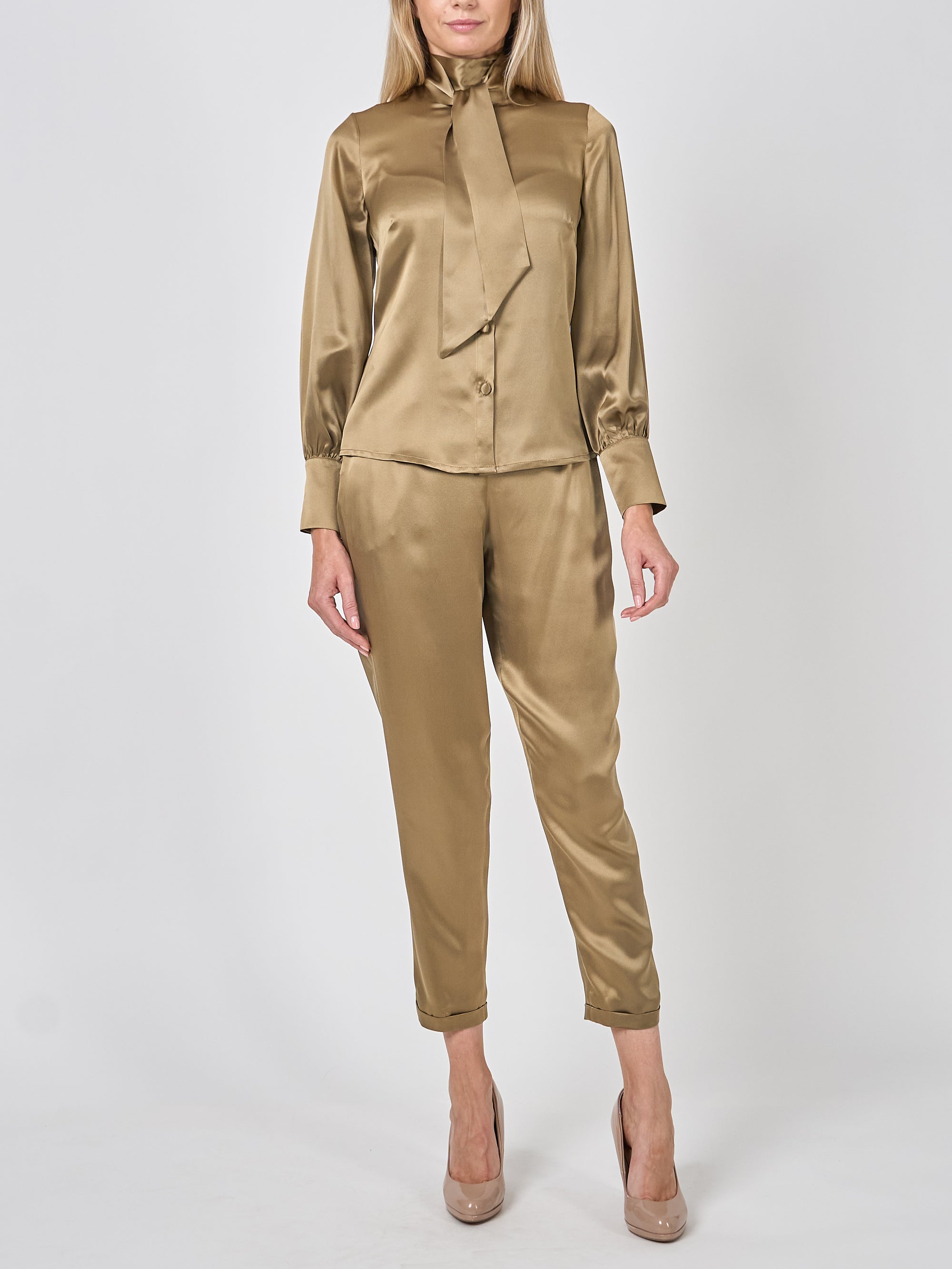 Land Girl Trouser Hay Gold Plain Silk Crepe Satin