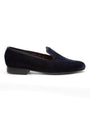 Navy Velvet Cotton & Leather Slippers