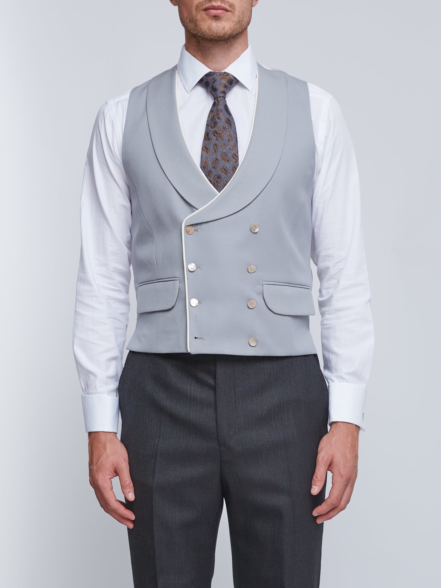 Grey Gabardine Wool Double Breasted 8<br>Button Shawl Lapel Piped Waistcoat