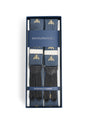 Navy Gold Bees Black Leather Silk Braces