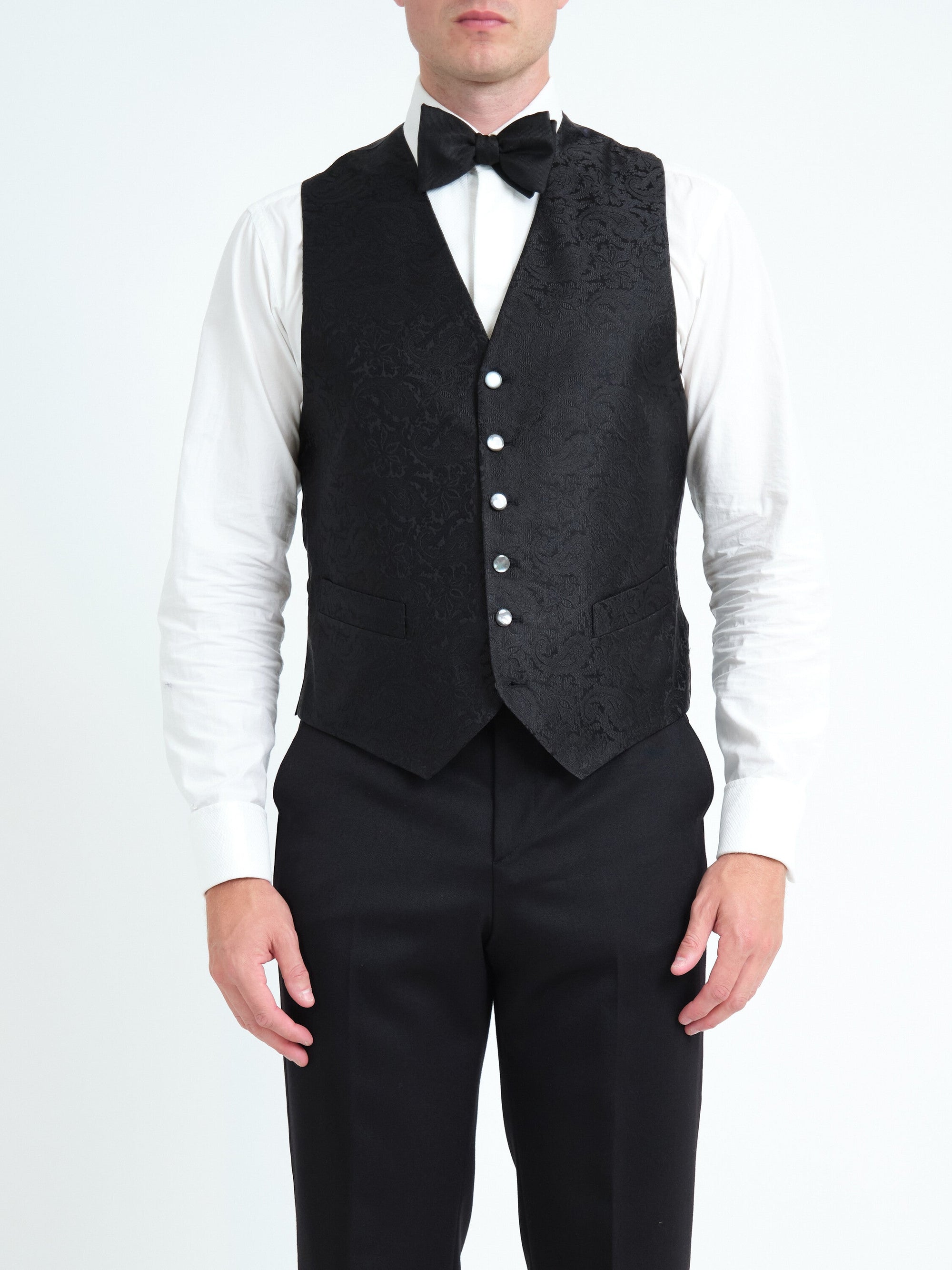Black Albert Silk 6 Button Single Breasted Waistcoat — front, cropped