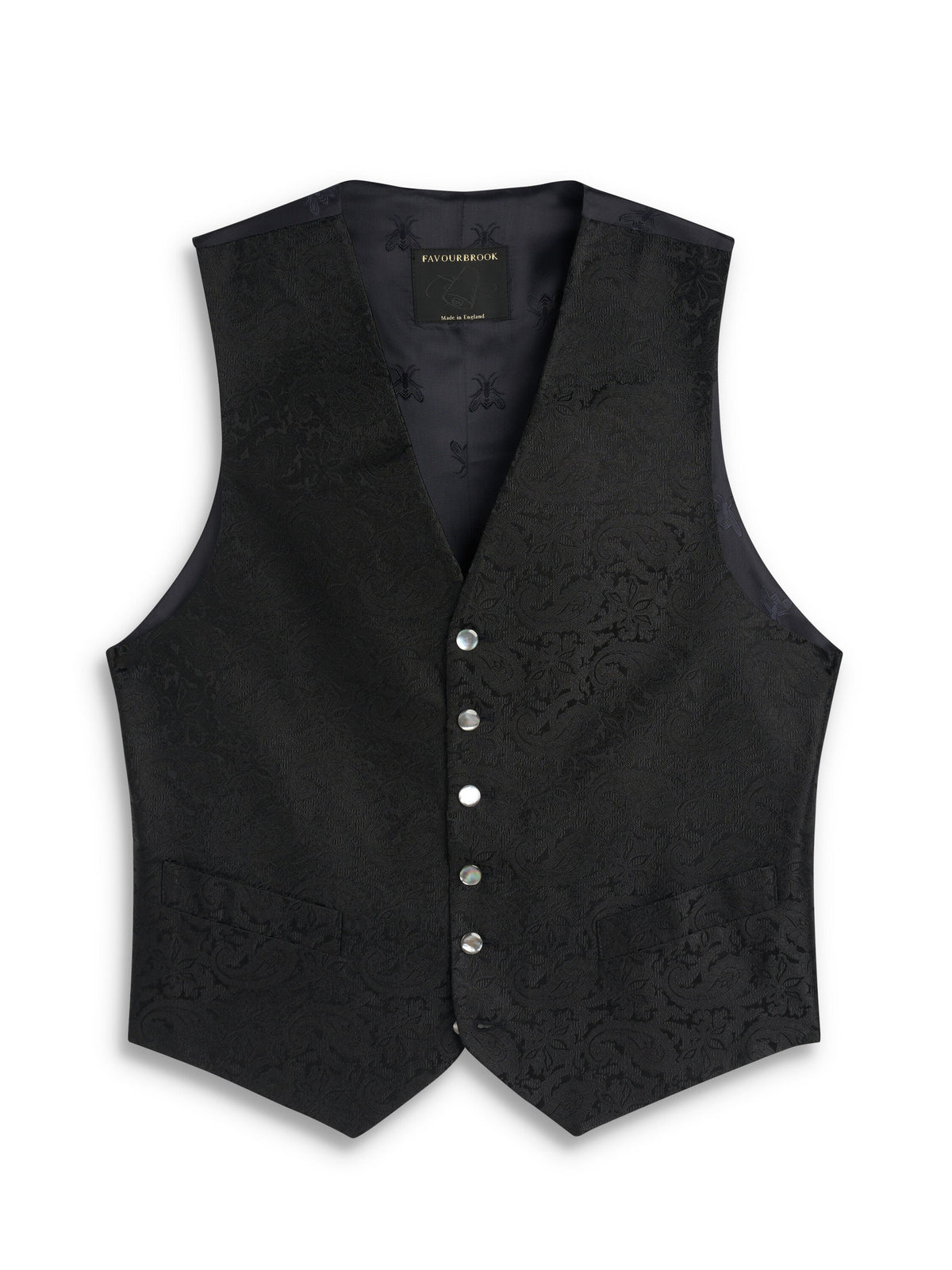 Black Albert Silk 6 Button Single Breasted Waistcoat — flat