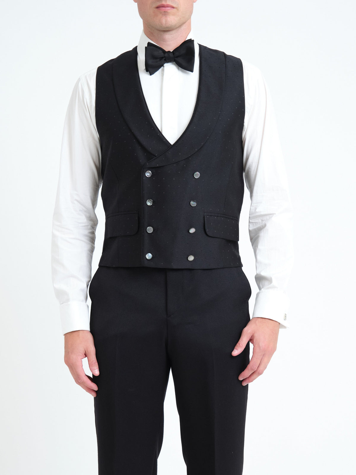Black Clarendon Double Breasted Waistcoat with Piping — front, cropped