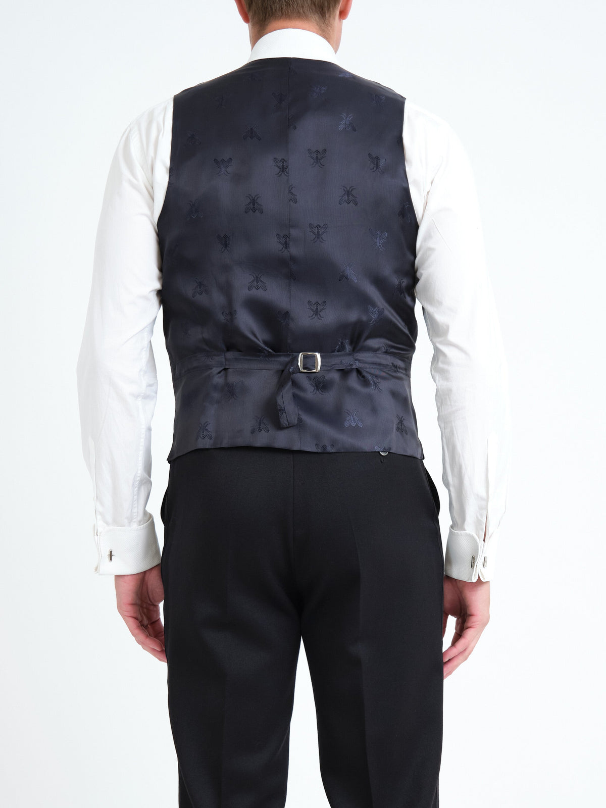 Black Clarendon Double Breasted Waistcoat with Piping — back, cropped