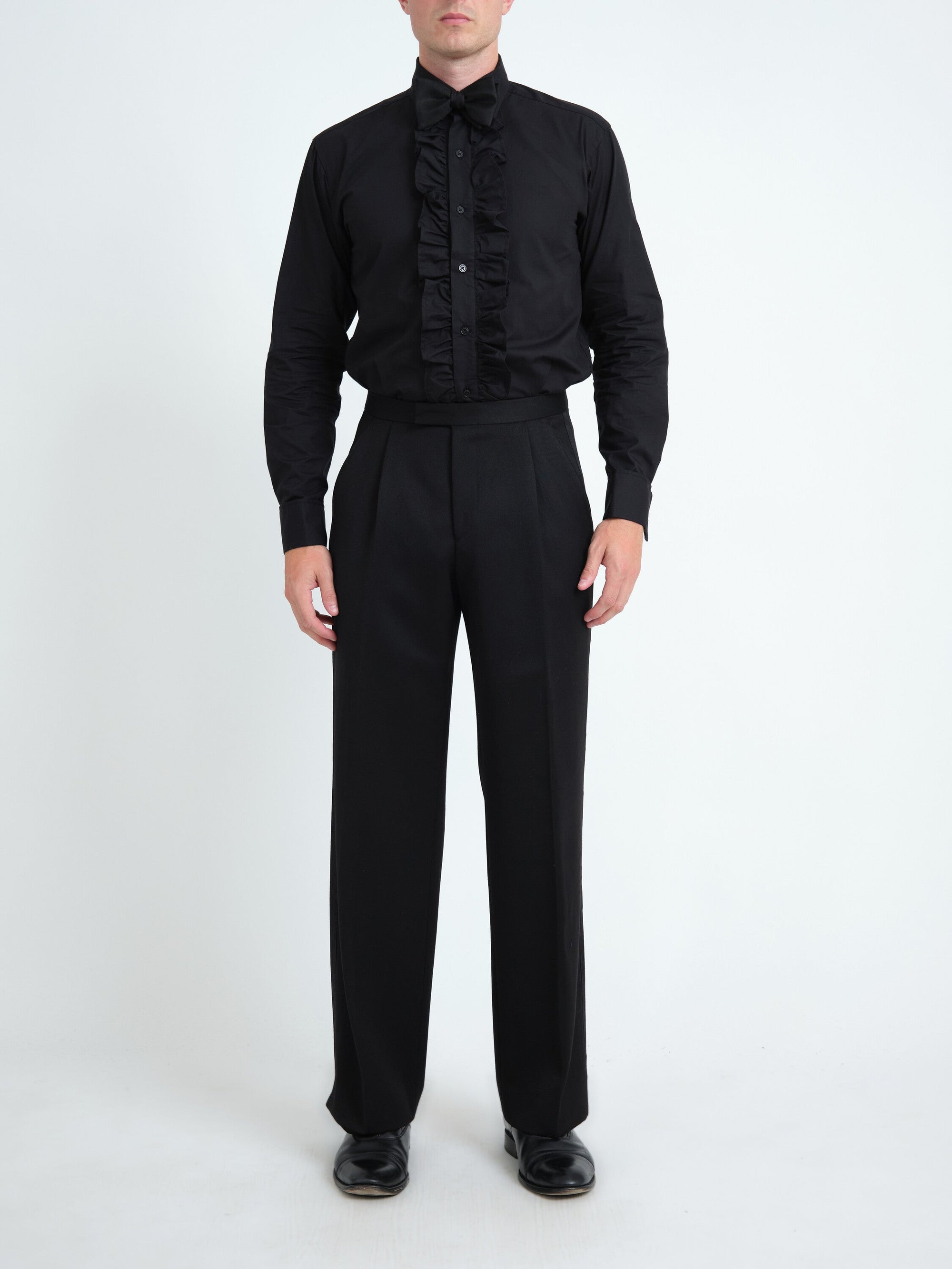Black Poplin Cotton Large Frill Shirt — front