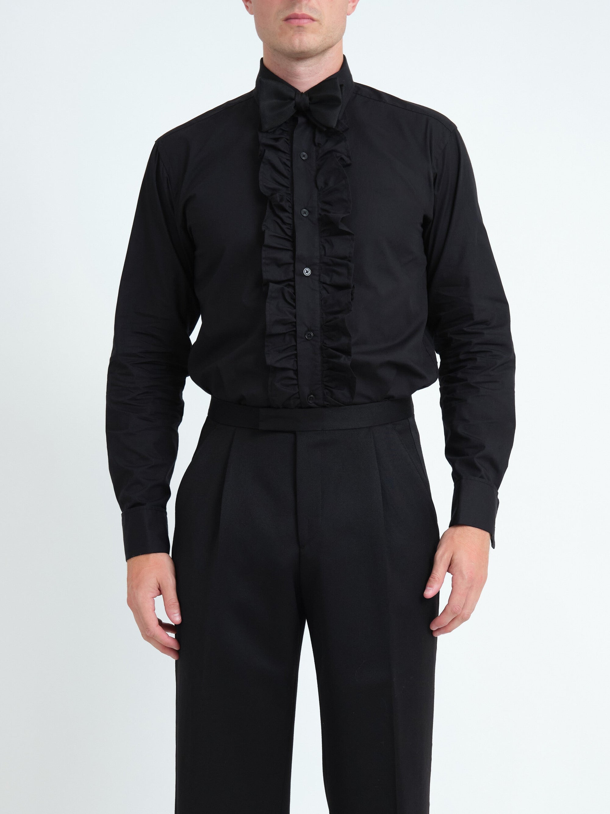 Black Poplin Cotton Large Frill Shirt — front, cropped