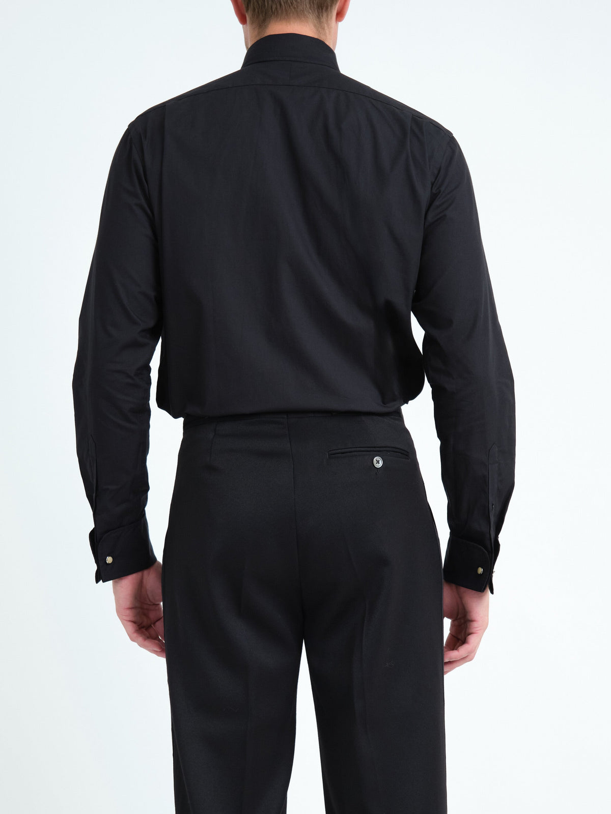 Black Poplin Cotton Large Frill Shirt — back, cropped