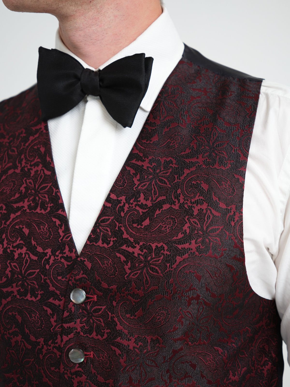 Burgundy Albert Silk 6 Button Single Breasted Waistcoat — fabric detail