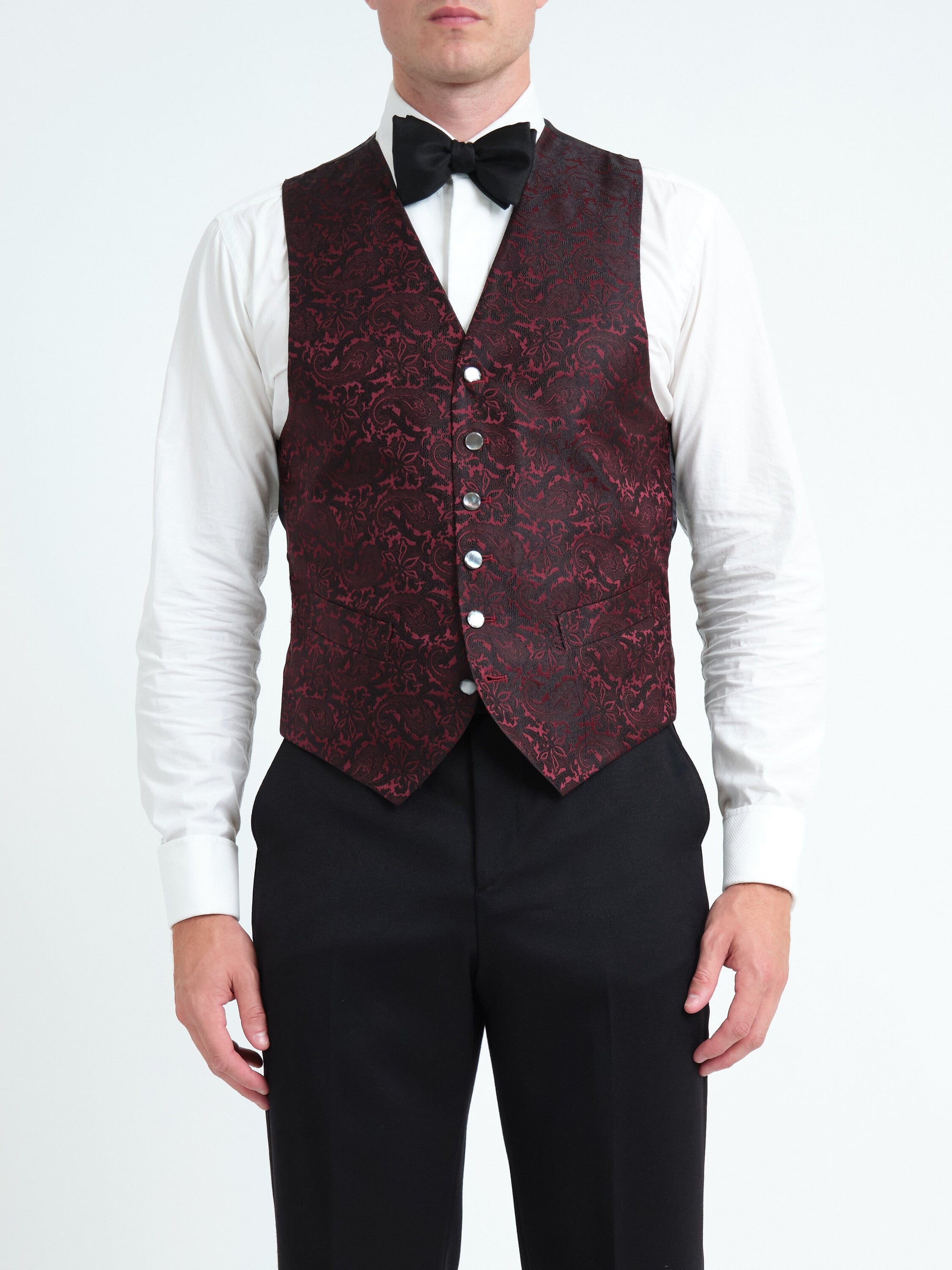 Burgundy Albert Silk 6 Button Single Breasted Waistcoat — front, cropped