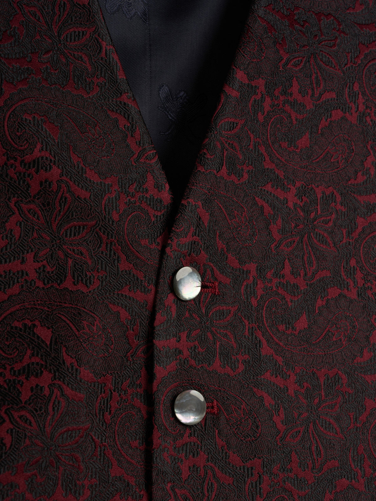 Burgundy Albert Silk 6 Button Single Breasted Waistcoat — flat detail