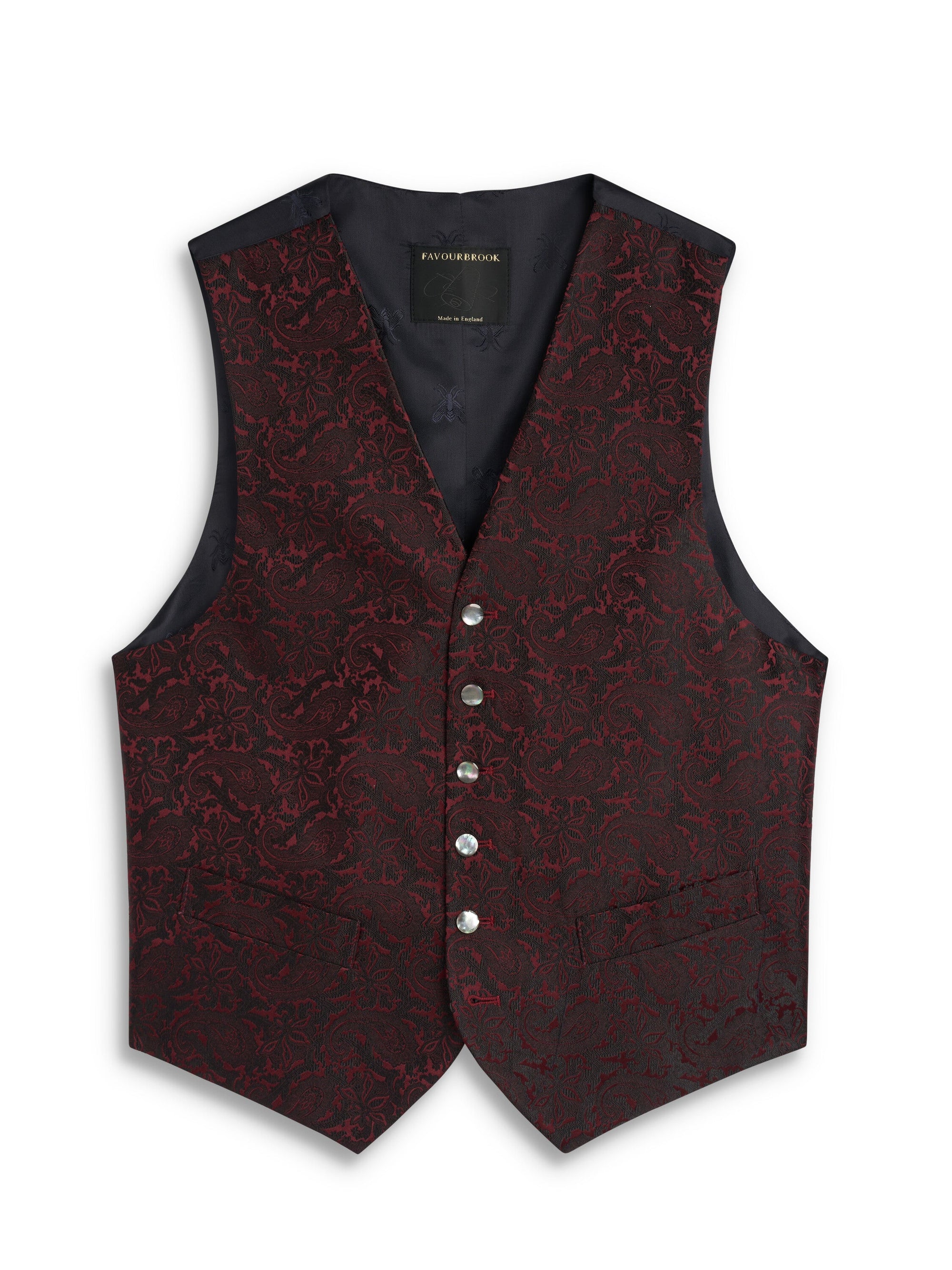 Burgundy Albert Silk 6 Button Single Breasted Waistcoat — flat