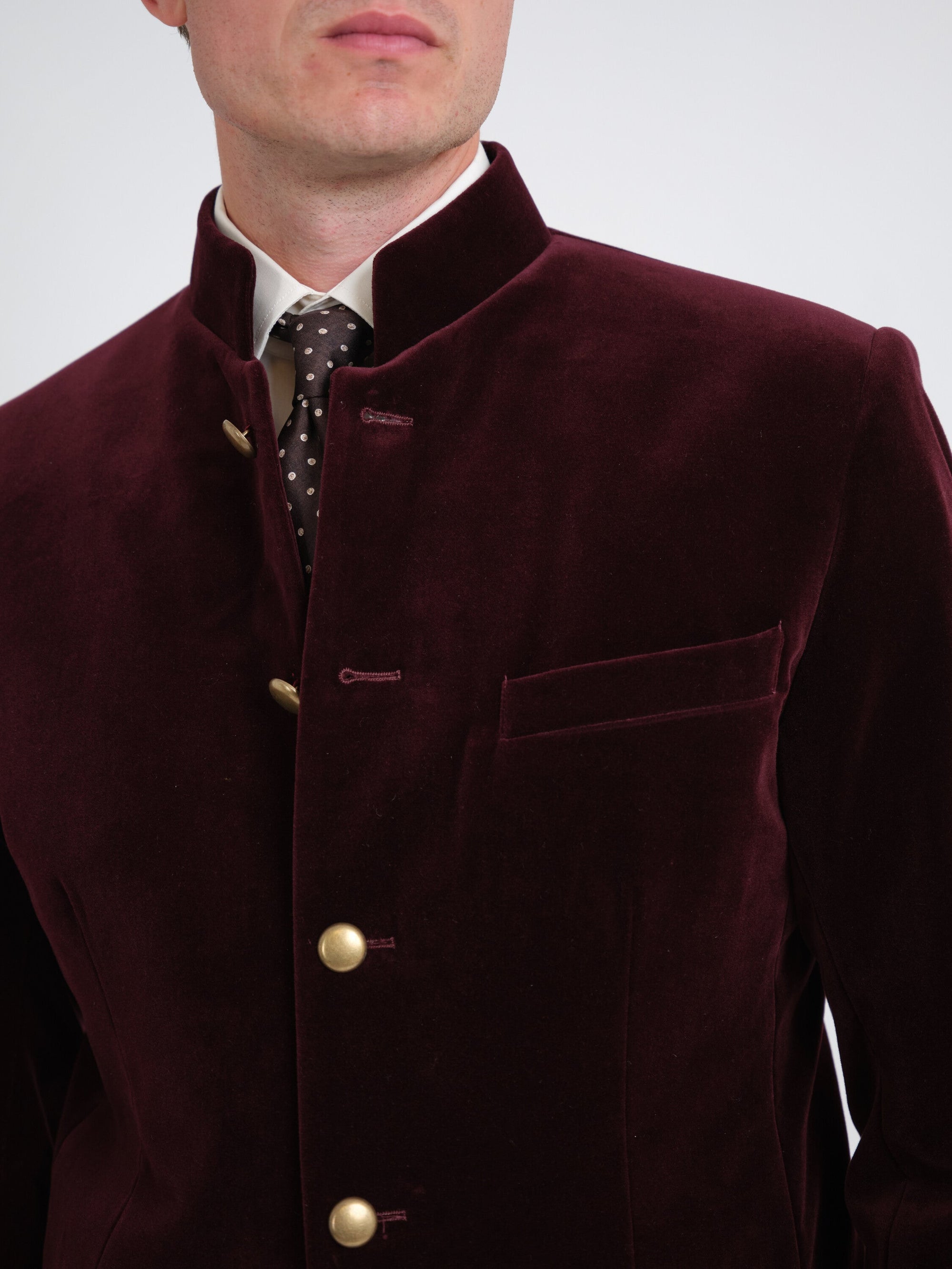 Burgundy Mayfair Velvet Nehru Jacket — fabric detail