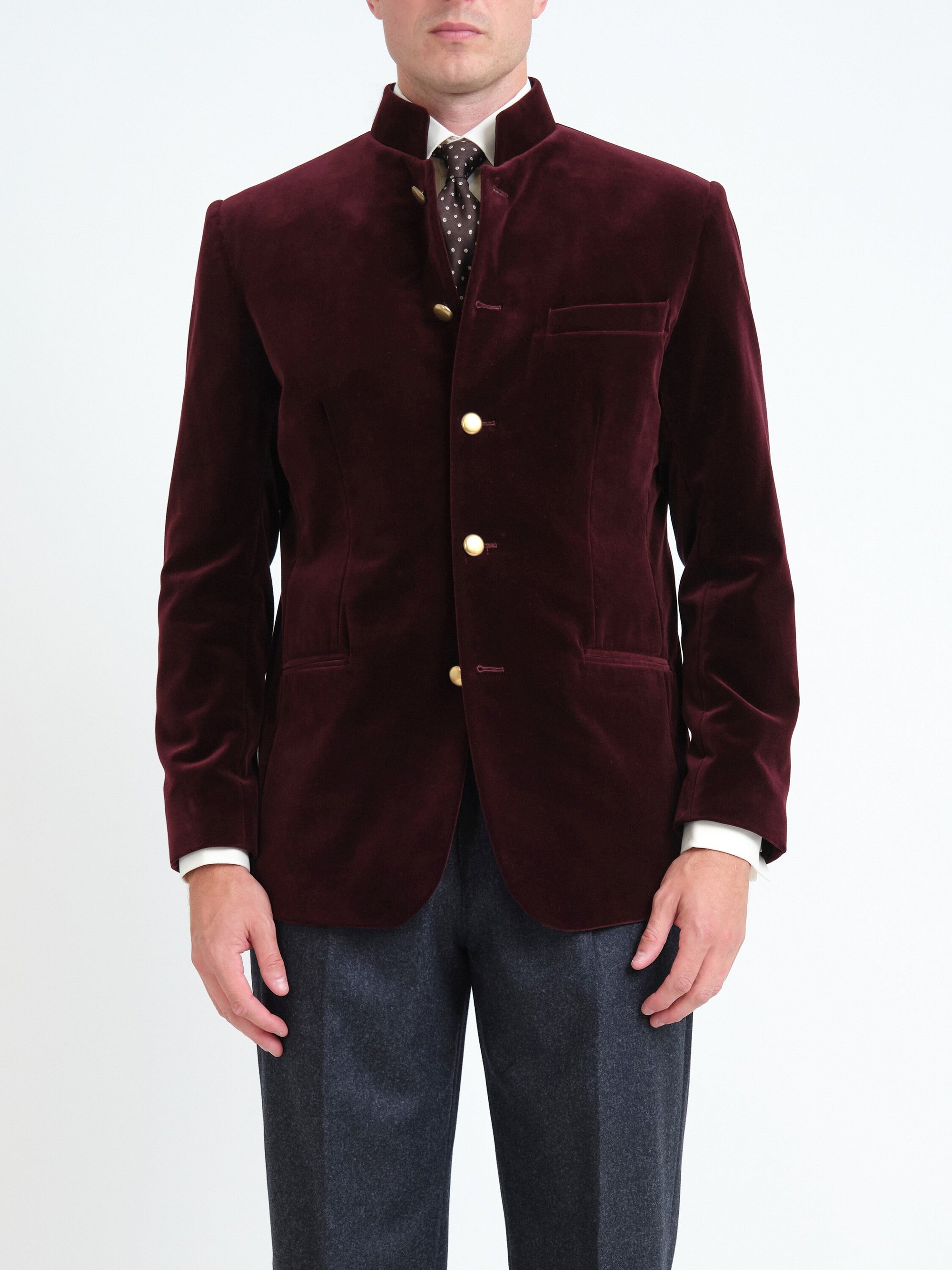 Burgundy Mayfair Velvet Nehru Jacket — front, cropped