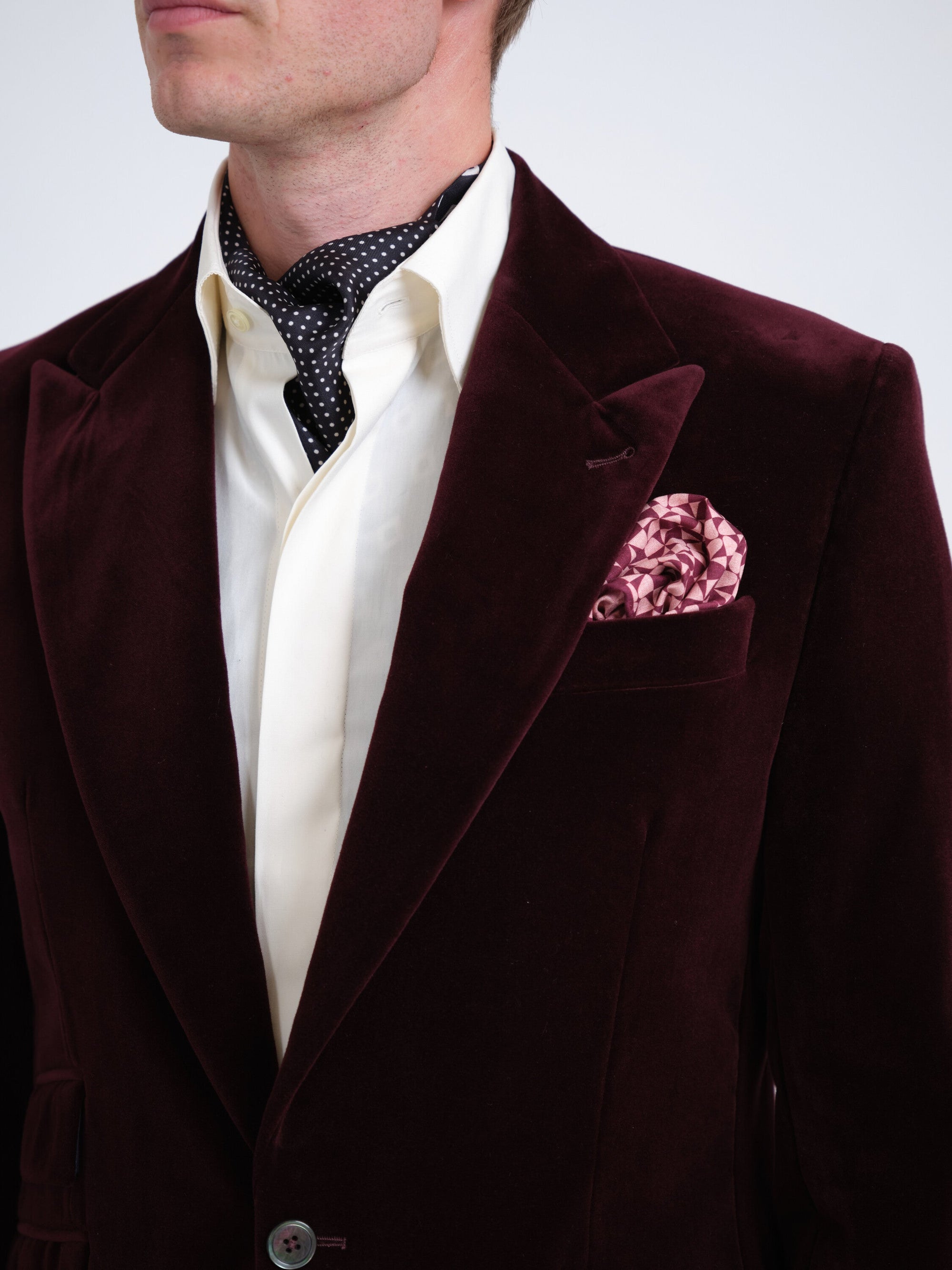 Burgundy Mayfair Velvet Newport Jacket with Ticket Pocket — fabric detail