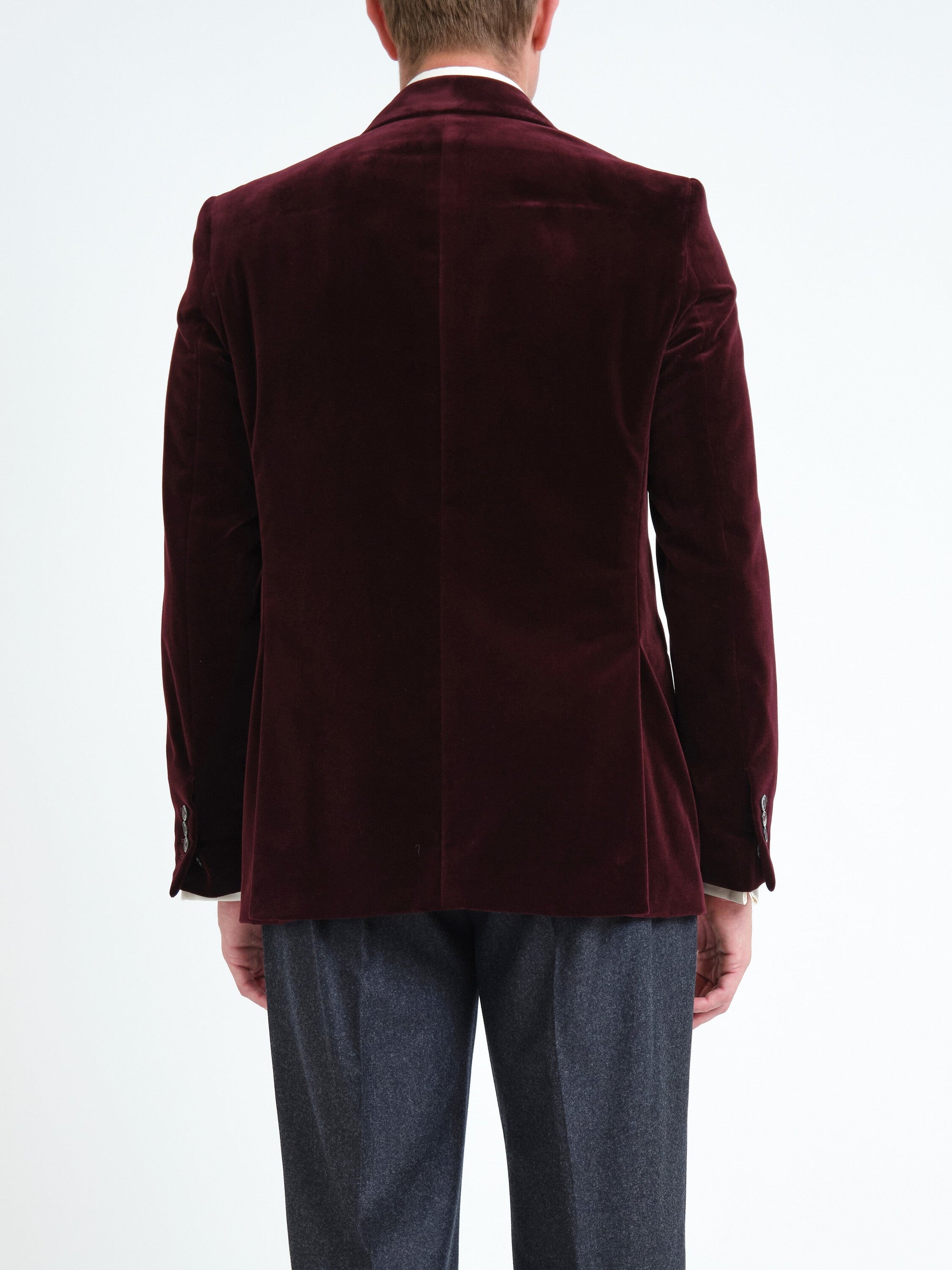 Burgundy Mayfair Velvet Newport Jacket with Ticket Pocket — back, cropped