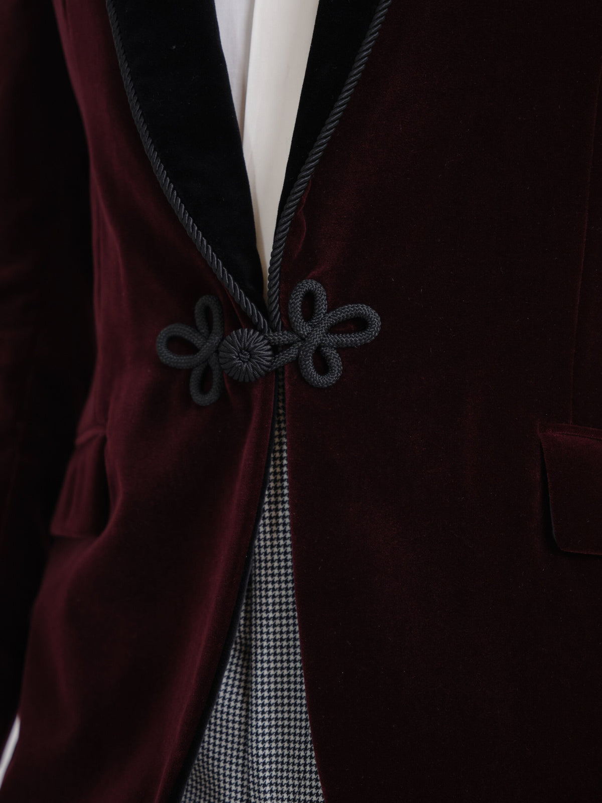 Burgundy Mayfair Velvet Single Breasted Smoking Jacket — fabric detail