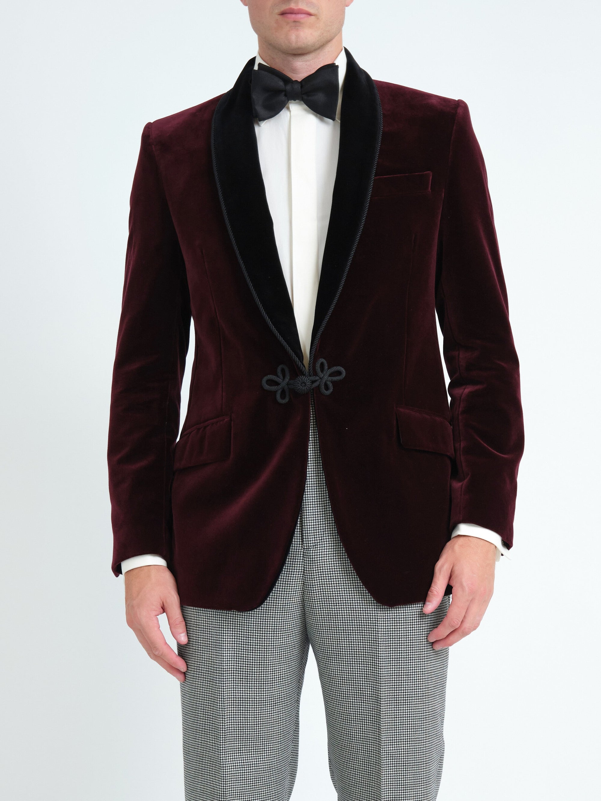 Burgundy Mayfair Velvet Single Breasted Smoking Jacket — front, cropped